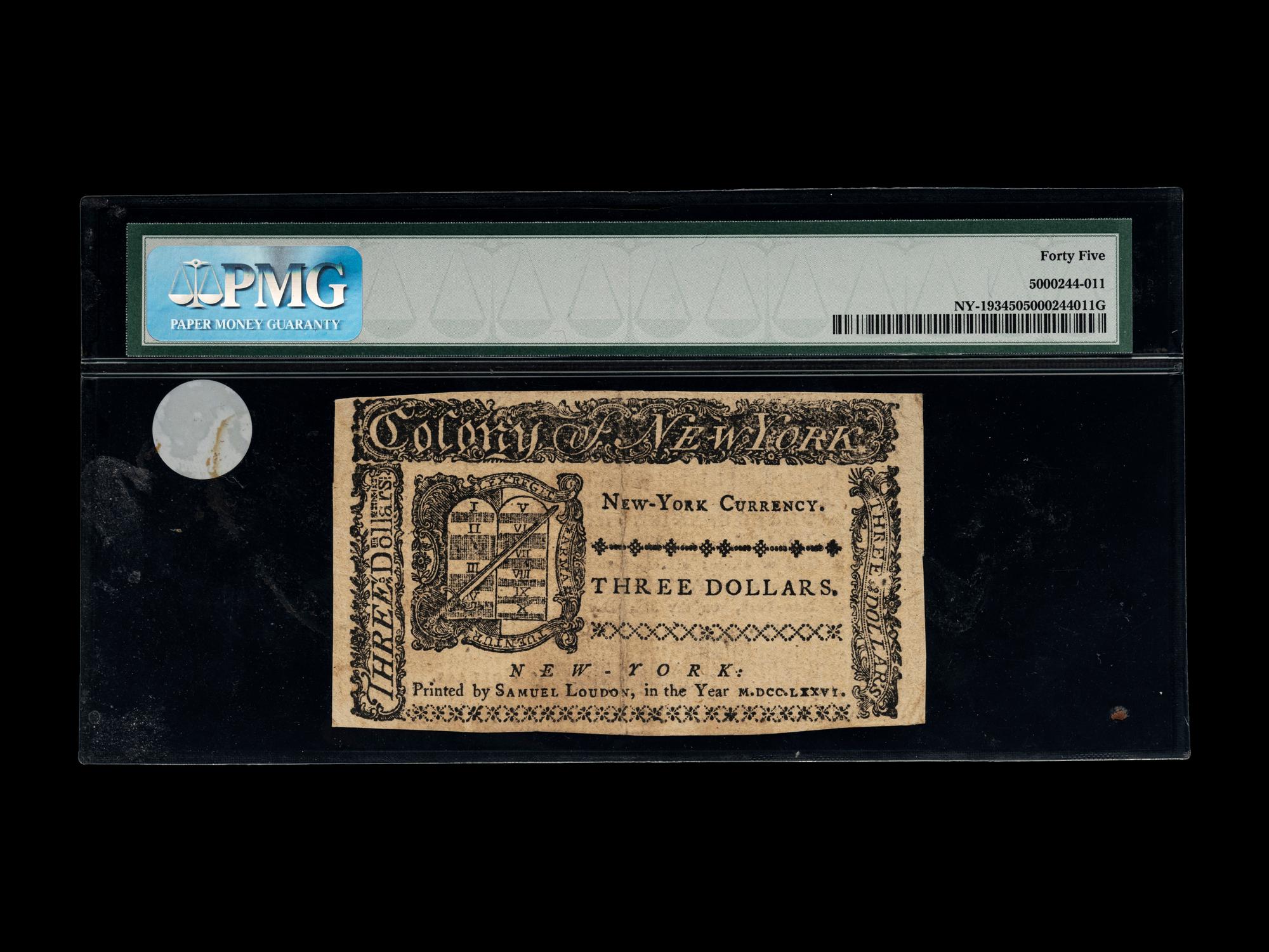 A New York March 5, 1776 $3 Note (PMG XF45) [Fr. NY-193]