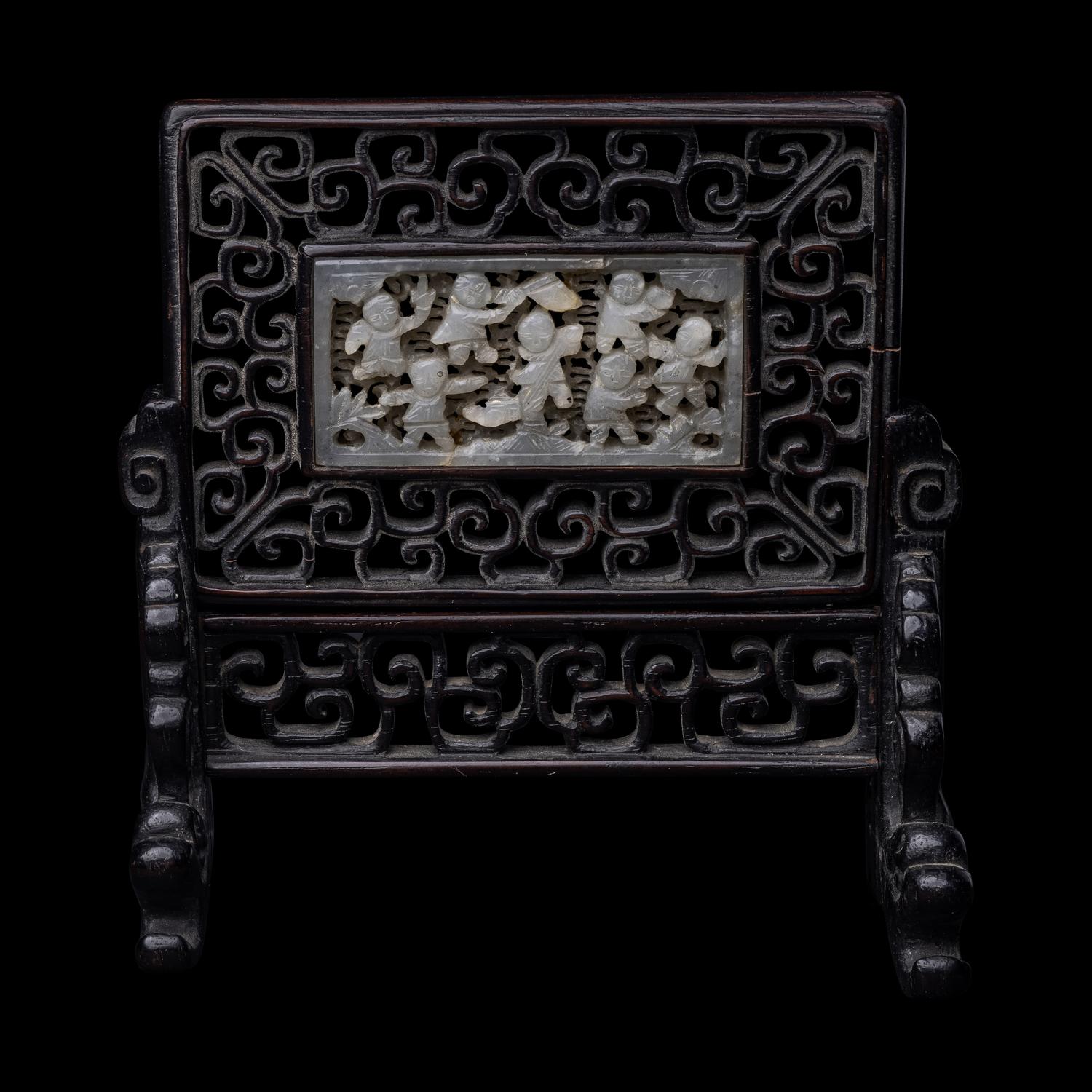 A Chinese White Jade Inset Hardwood Table Screen