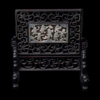 A Chinese White Jade Inset Hardwood Table Screen