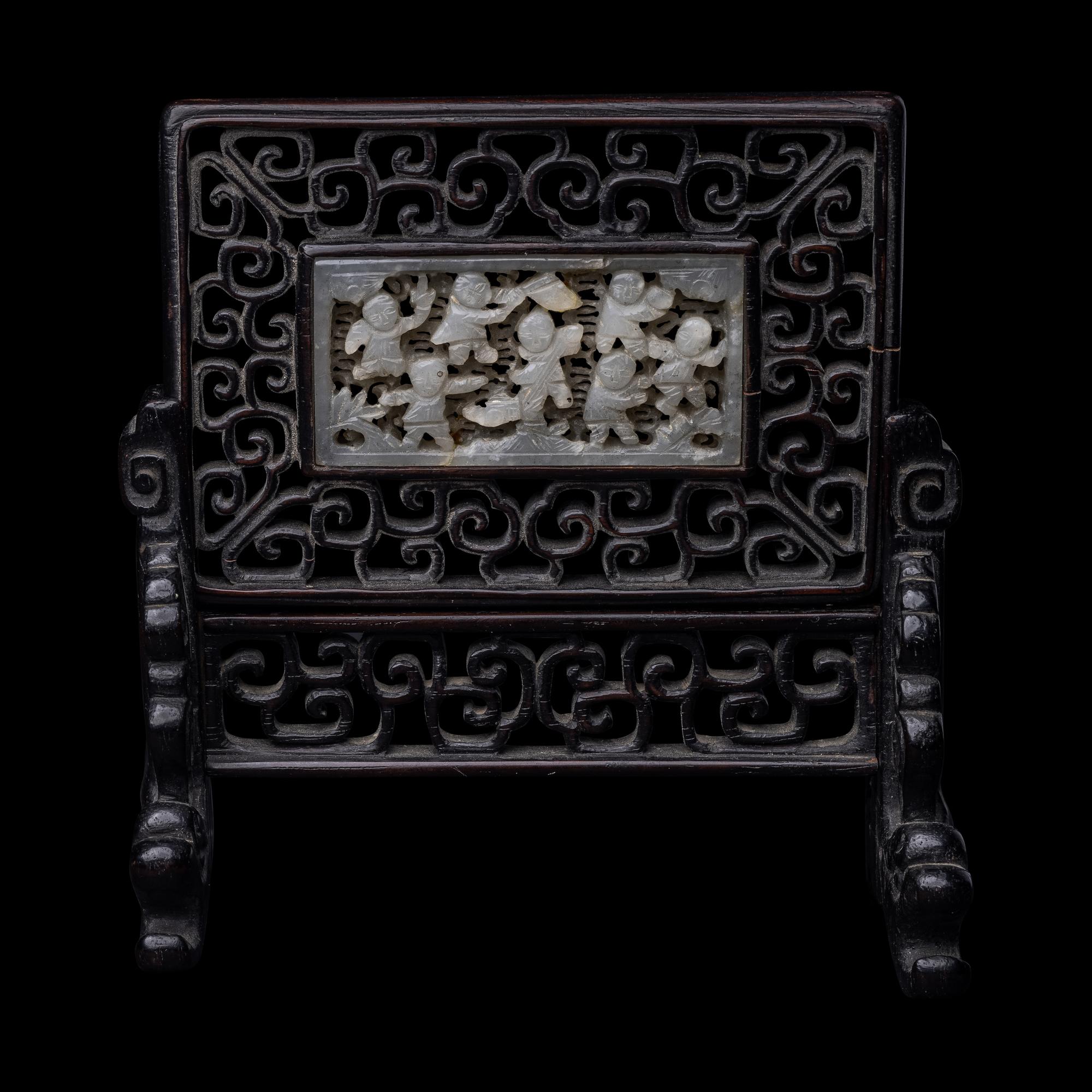 A Chinese White Jade Inset Hardwood Table Screen