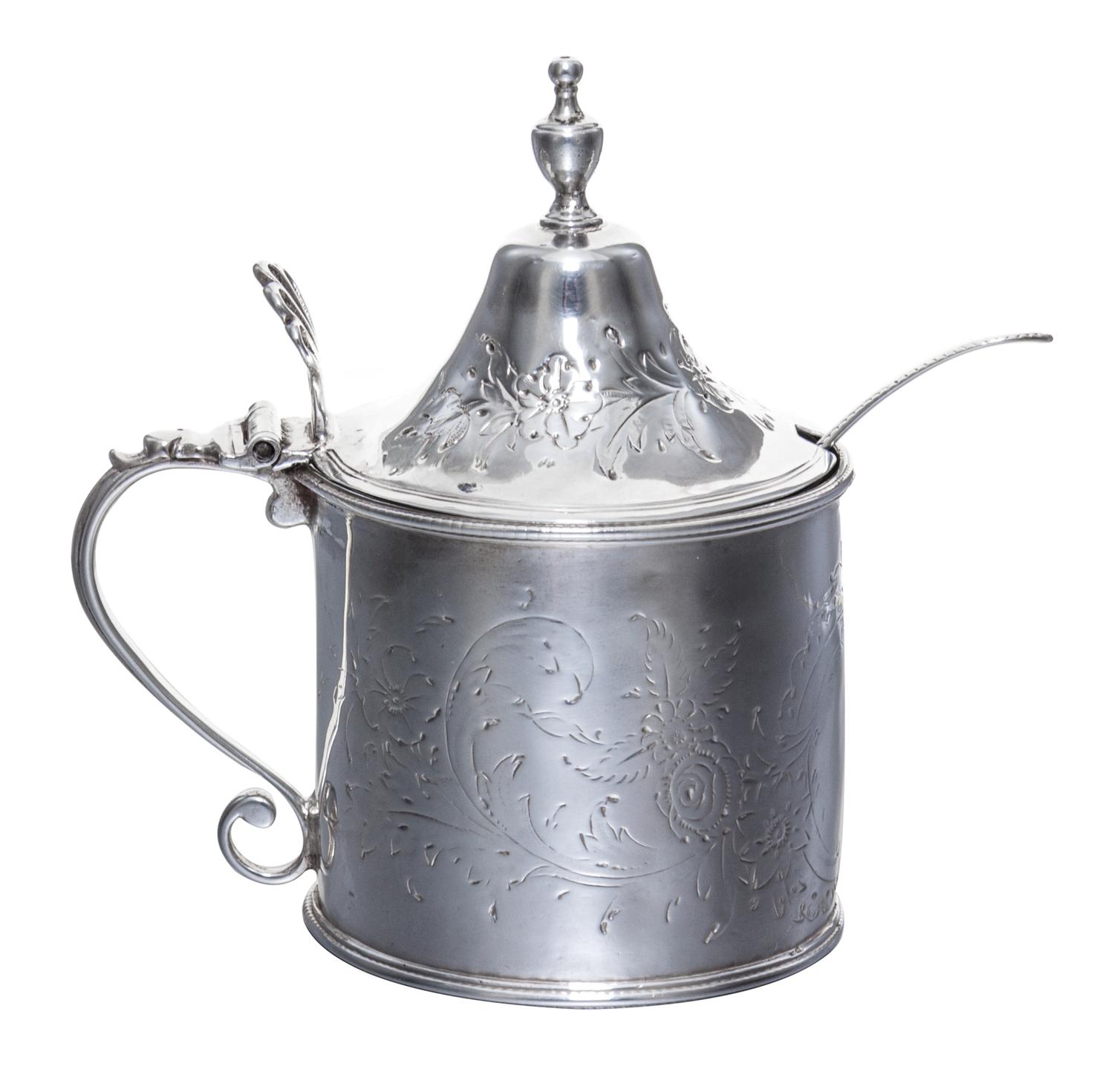 A George III Silver Mustard Pot with Glass Liner, Hester Bateman, London, 1788, of cylindrical form with a hinged lid, worked to show f