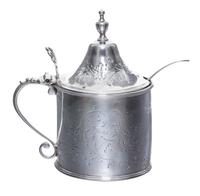 A George III Silver Mustard Pot with Glass Liner, Hester Bateman, London, 1788, of cylindrical form with a hinged lid, worked to show f