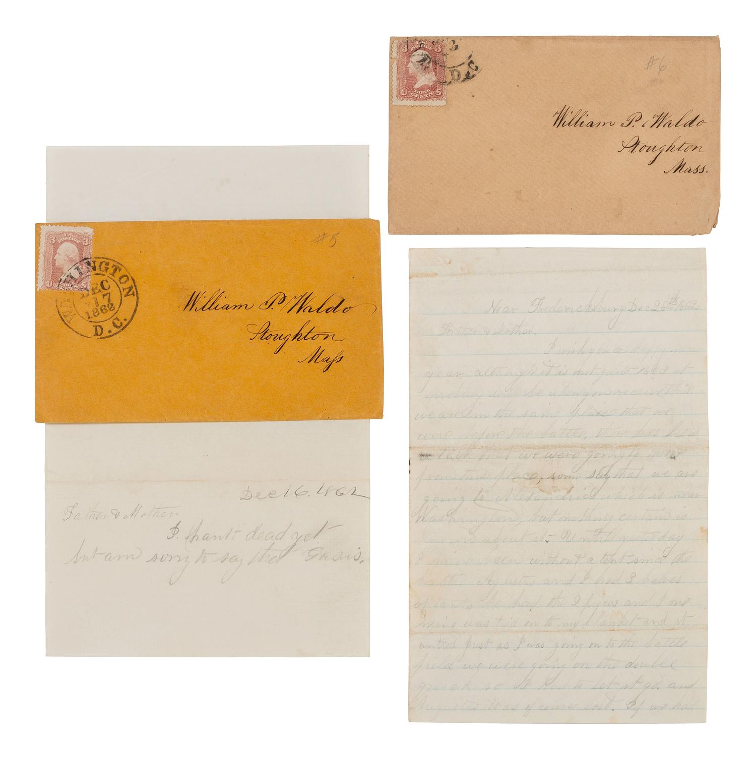 [CIVIL WAR]. Pair of letters from Alfred E. Waldo, 35th Massachusetts Infantry, DOW, detailing the Battle of Fredericksburg and aftermath.