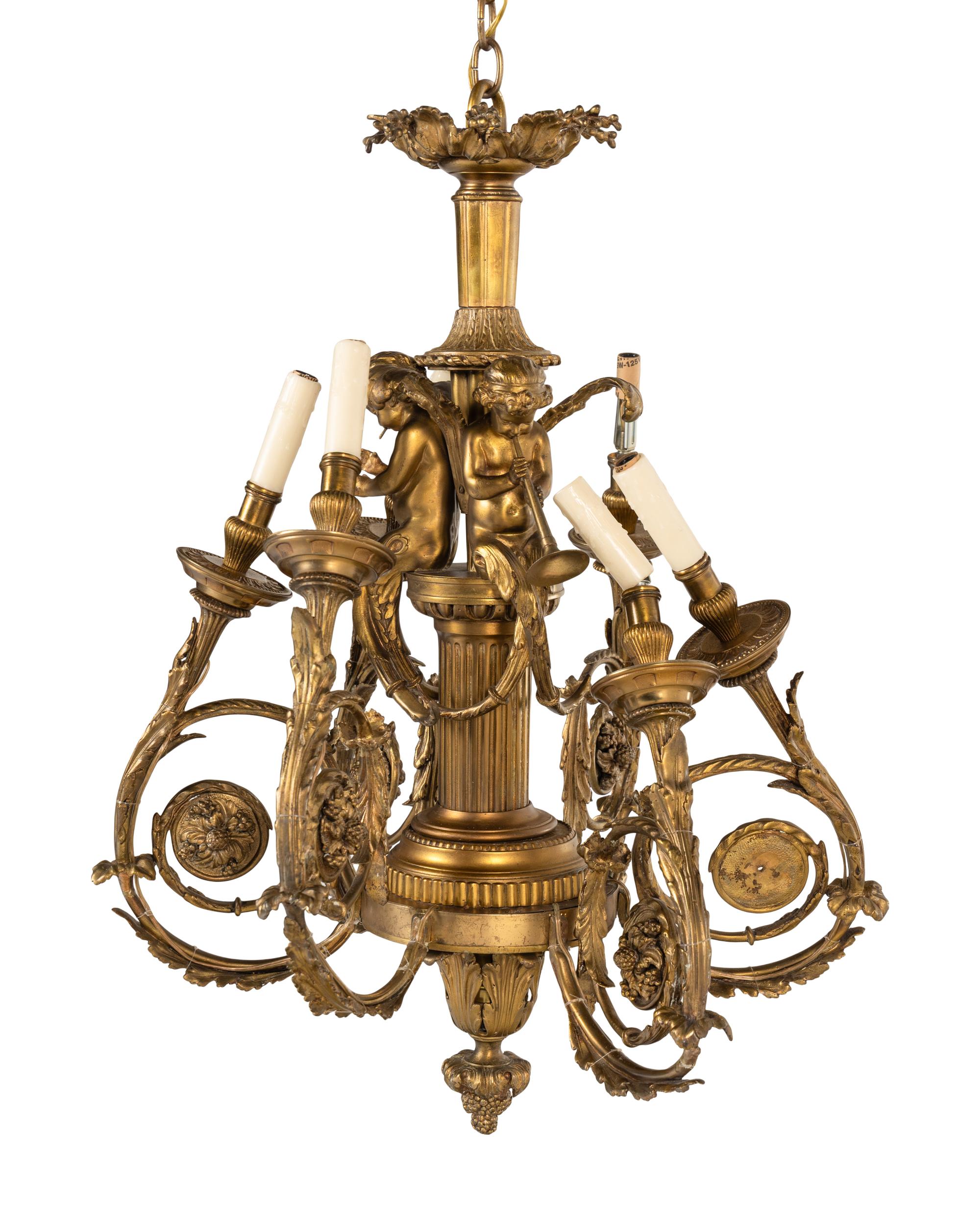 A Louis XVI Style Gilt Metal Six-Light Chandelier