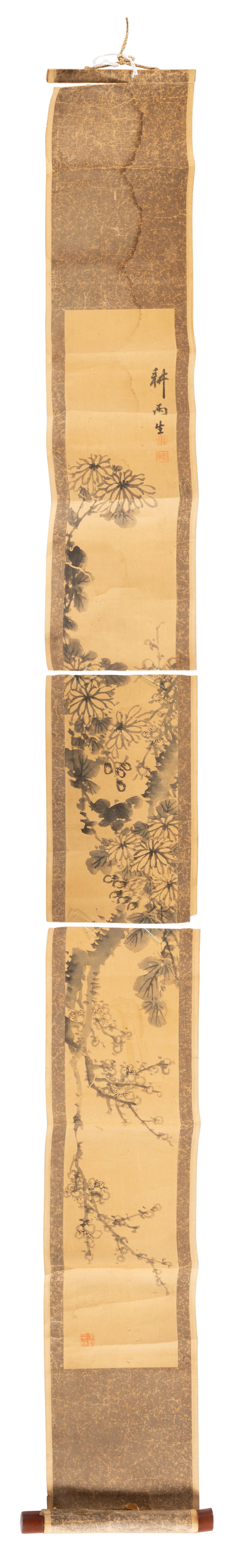 A Japanese Scroll Painting Depicting Chrysanthemums and Plum Blossoms