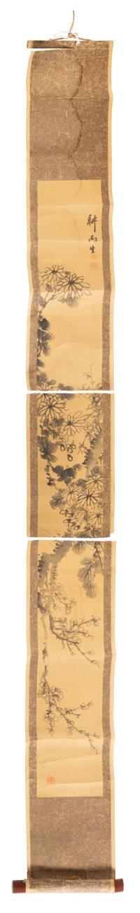 A Japanese Scroll Painting Depicting Chrysanthemums and Plum Blossoms