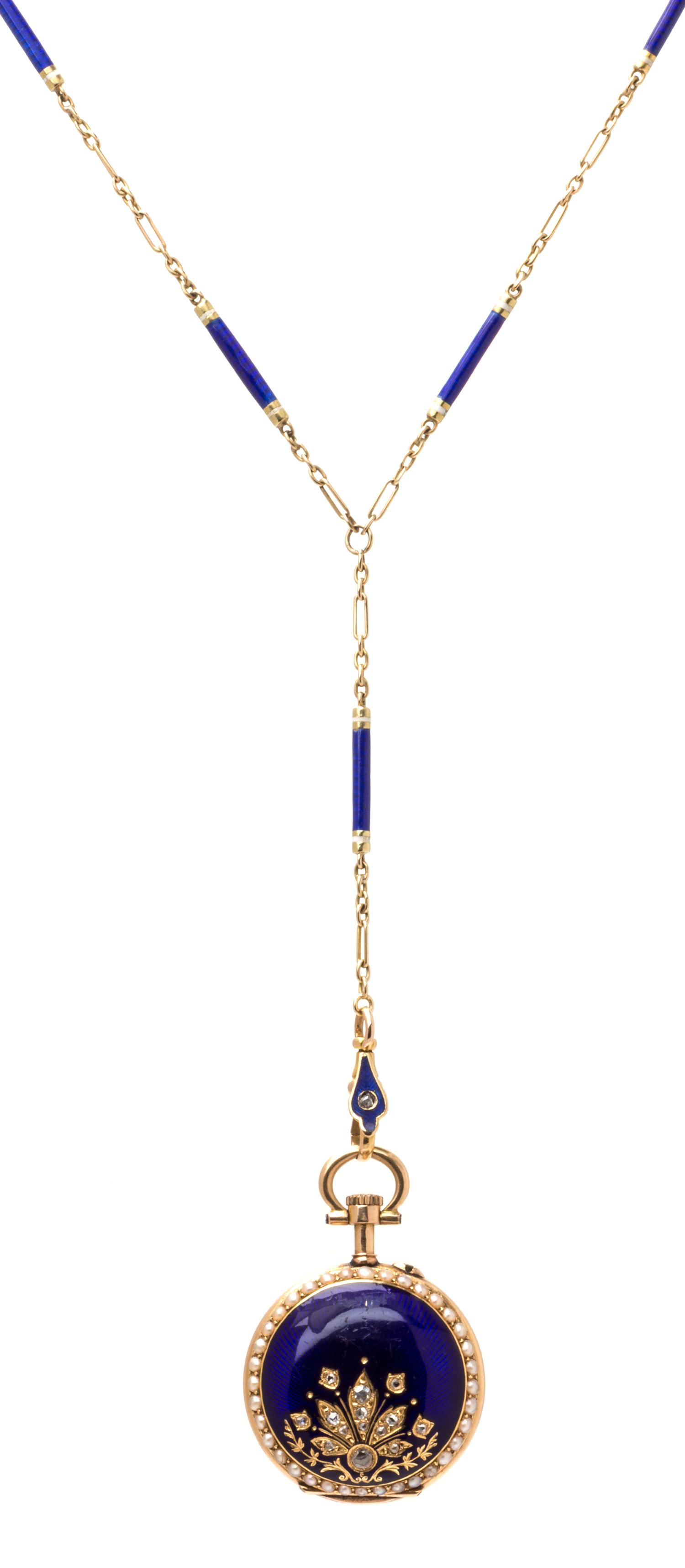 An Edwardian Yellow Gold, Diamond, Seed Pearl and Polychrome Enamel Lavalier Pendant Watch, 16.60 dwts.