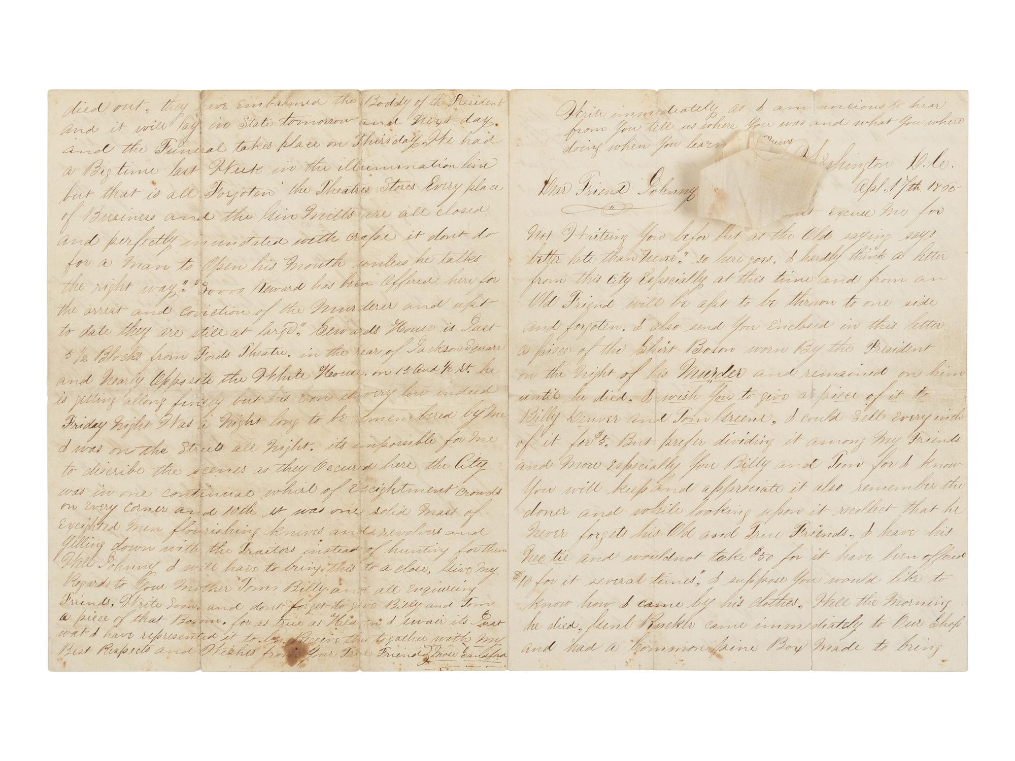 [LINCOLN ASSASSINATION]. A piece of Abraham Lincoln's shirt worn on the night of his assassination at Ford's Theatre, 14 April 1865; with an autograph letter from War Department employee Mose Sandford with a detailed description of the assassination and its aftermath, 17 April 1865.