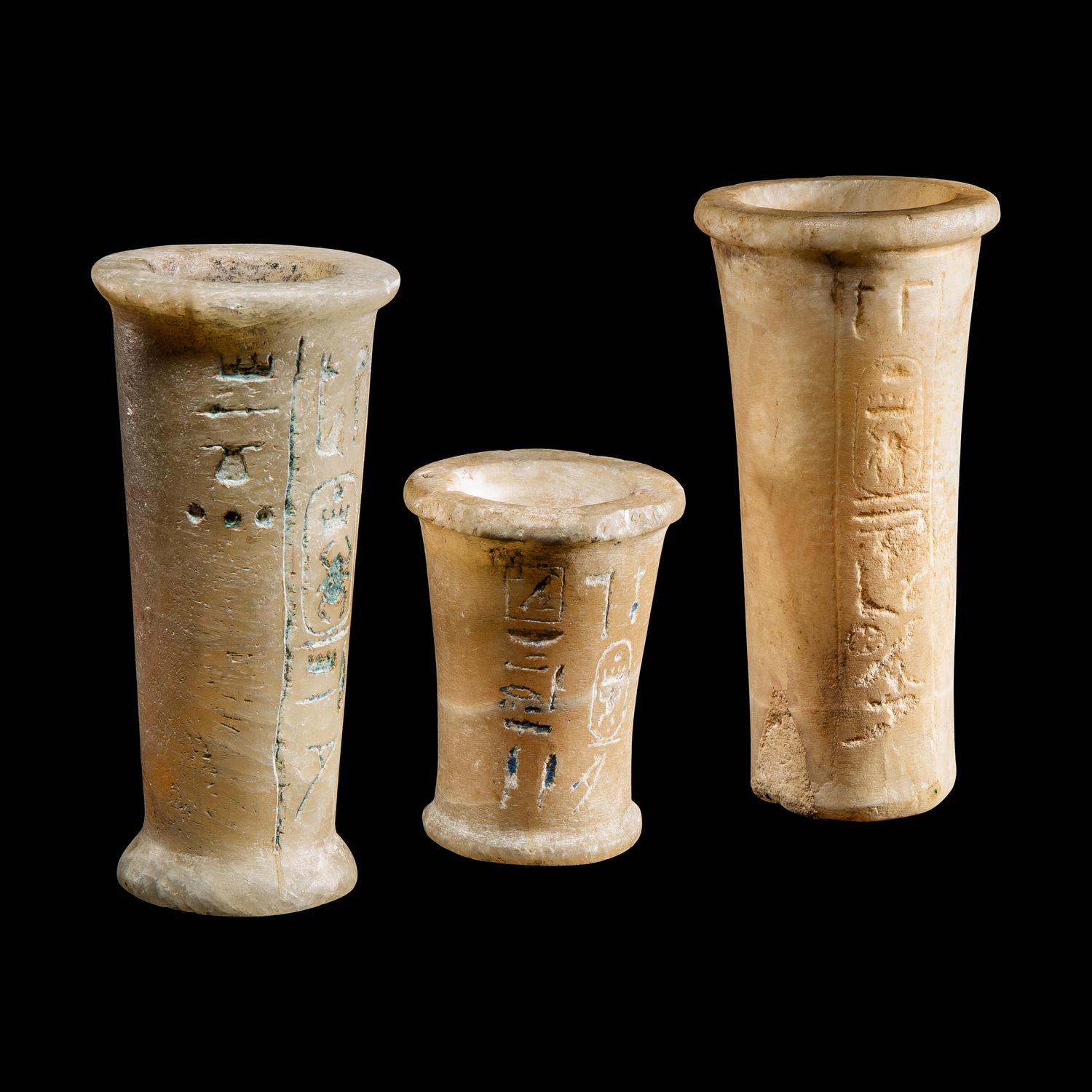 Three Egyptian Alabaster Vessels with Hieroglyphs