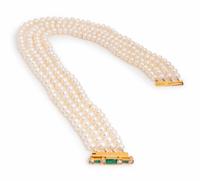 A Yellow Gold, Cultured Pearl, Emerald and Diamond Brooch/Necklace,