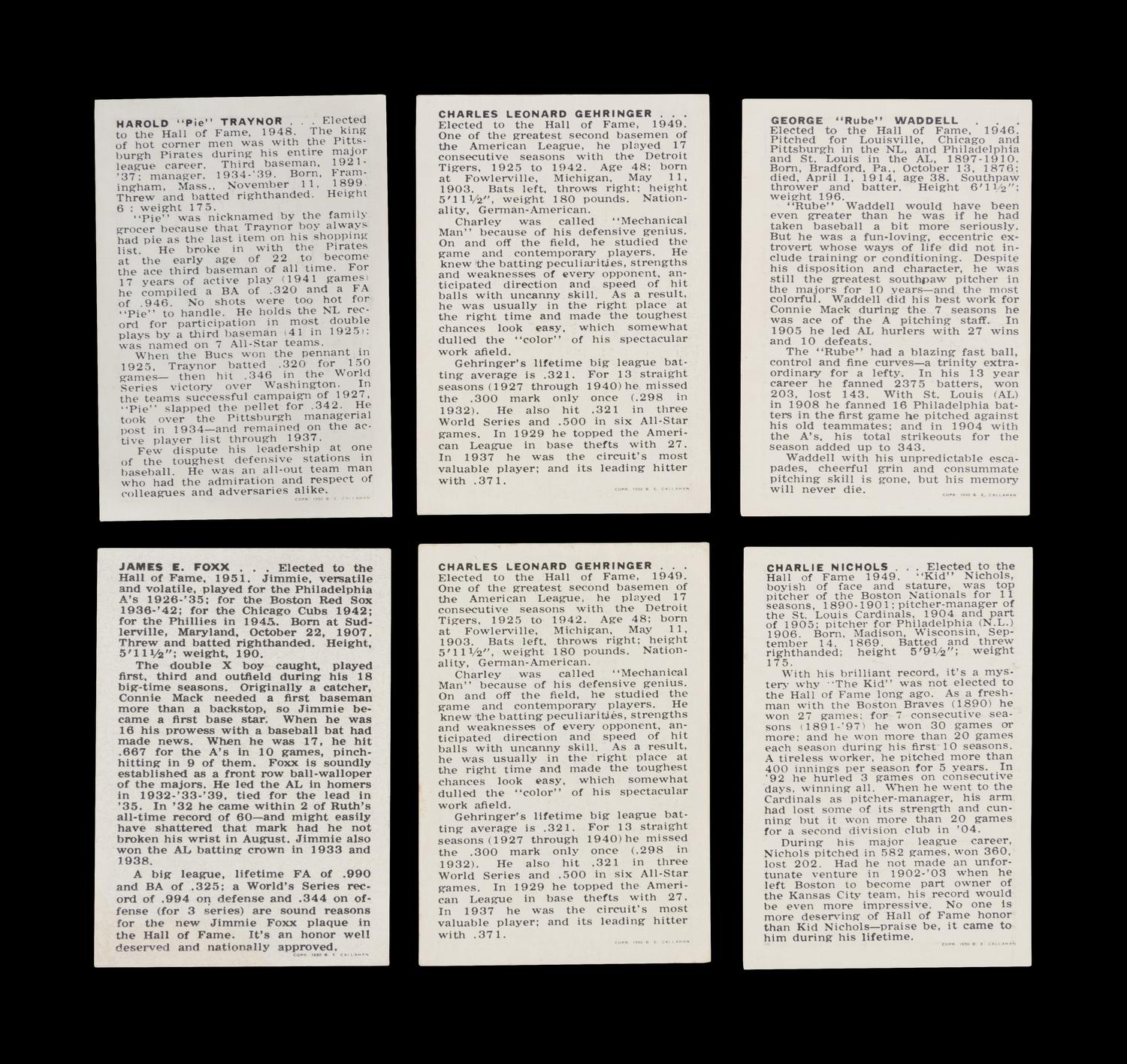 A Group of Six 1950 Callahan Baseball Cards,