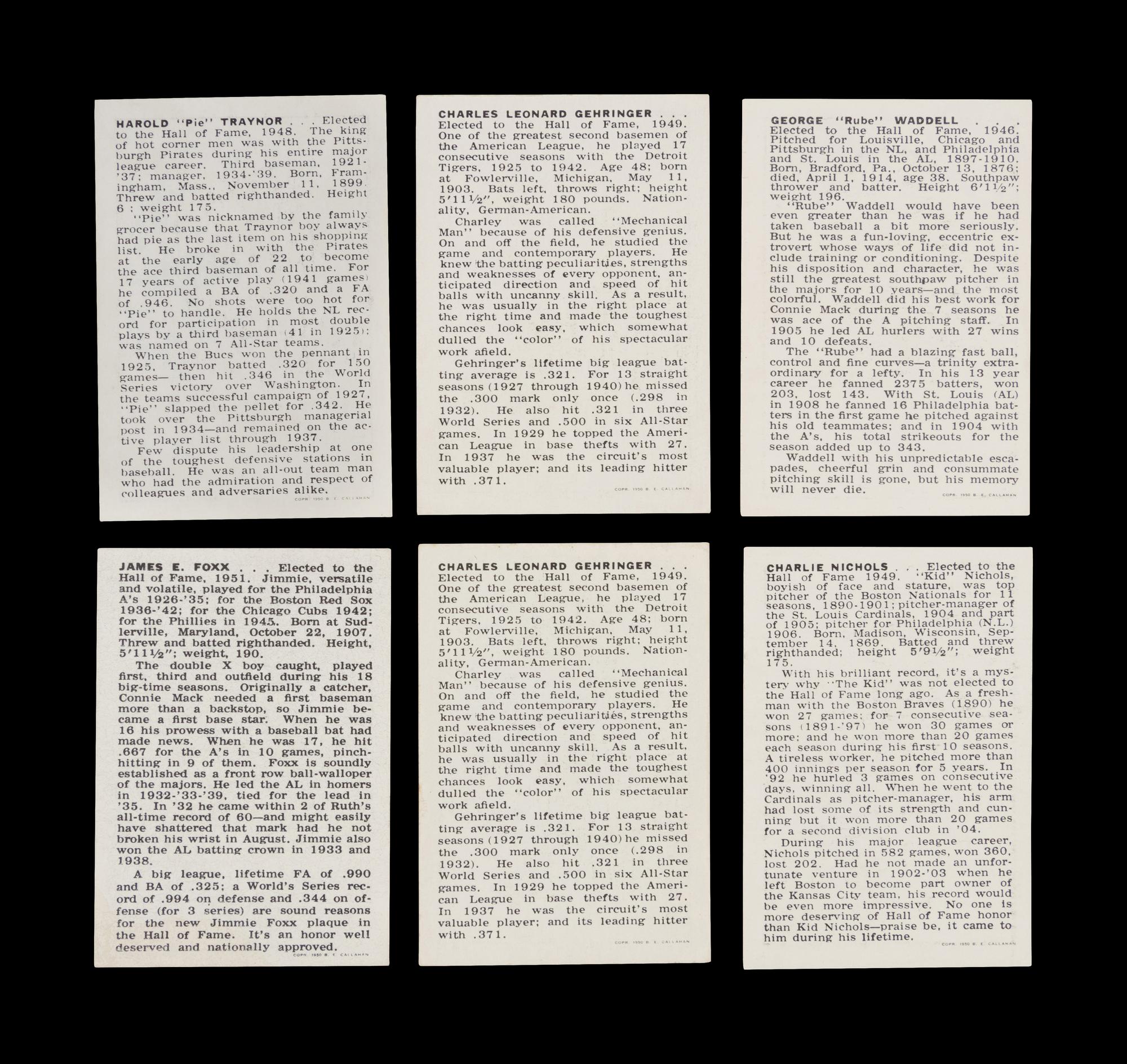 A Group of Six 1950 Callahan Baseball Cards,