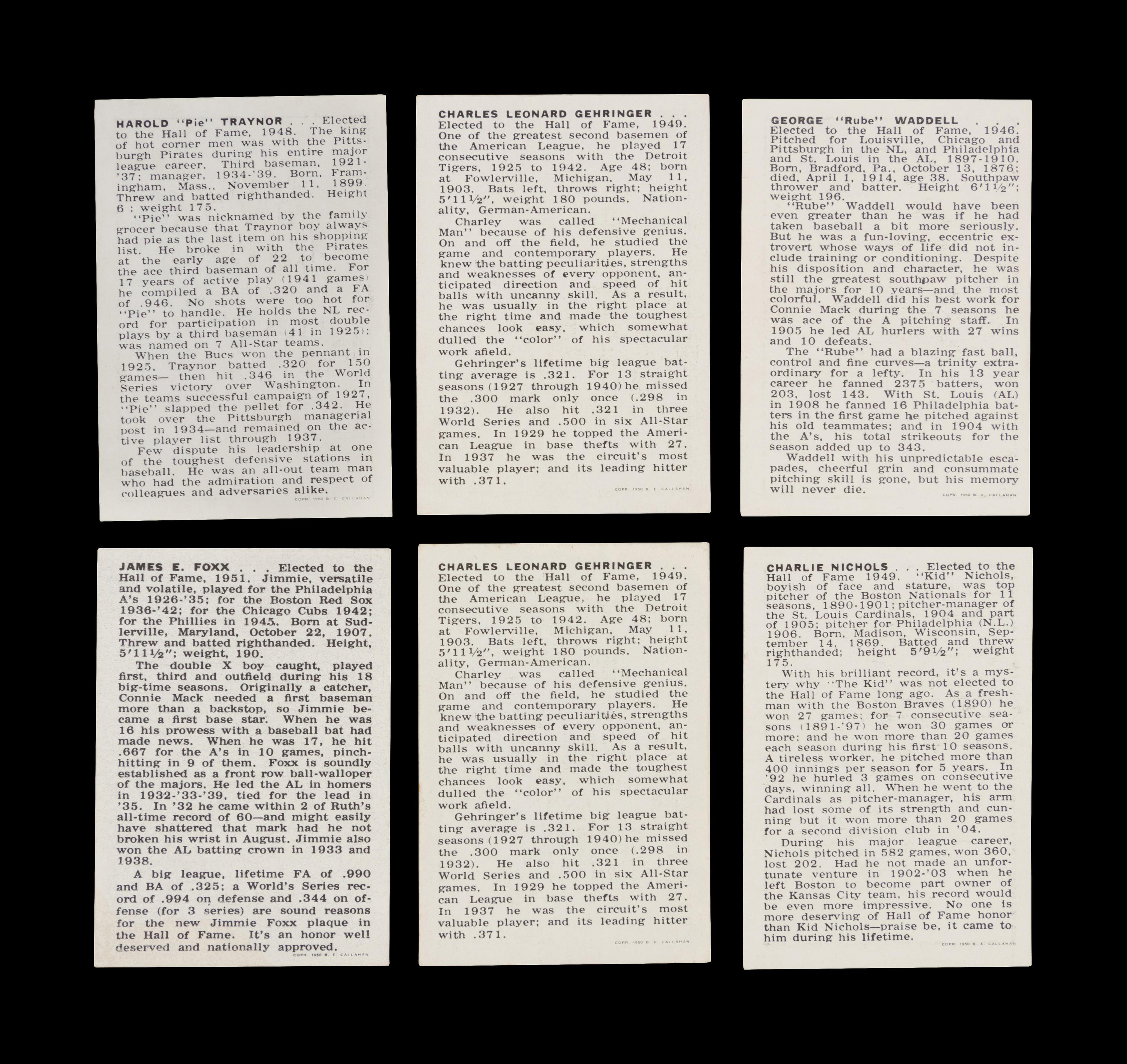 A Group of Six 1950 Callahan Baseball Cards,