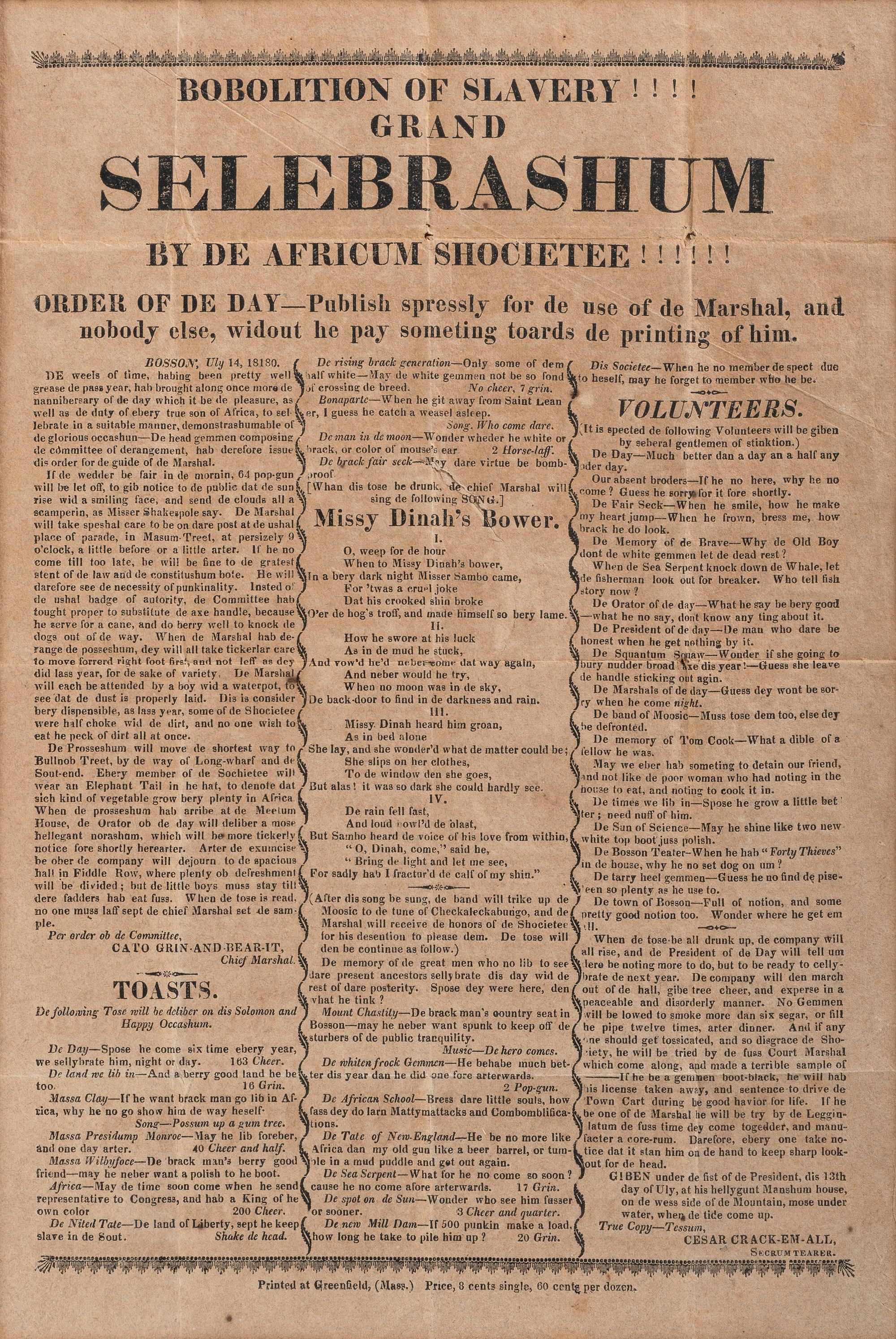 [ENSLAVEMENT & ABOLITION]. Anti-Black satirical broadside. Greenfield, MA: N.p., [1818].