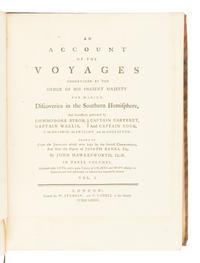 [TRAVEL & EXPLORATION]. [COOK, James (1728-1779)]. -- [FIRST VOYAGE]. John HAWKESWORTH (1715-1773). An Account of the Voyages undertaken by the order of His Present Majesty for making Discoveries in the Southern Hemisphere, and successively performed by Commodore Byron, Captain Wallis, Captain Carteret and Captain Cook, in the Dolphin, the Swallow, and the Endeavour; drawn up From the Journals which were kept by several Commanders, And from the papers of Joseph Banks, By John Hawkesworth . London: W. Strahan and T. Cadell, 1773.