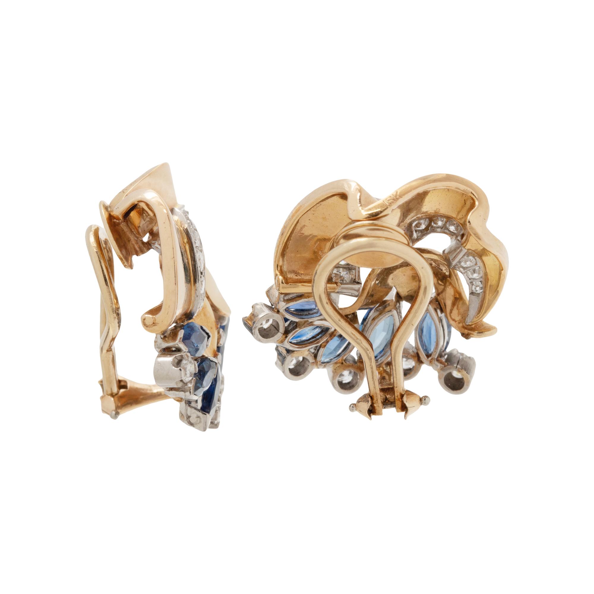 RETRO, TRICOLOR GOLD, SAPPHIRE AND DIAMOND EARCLIPS