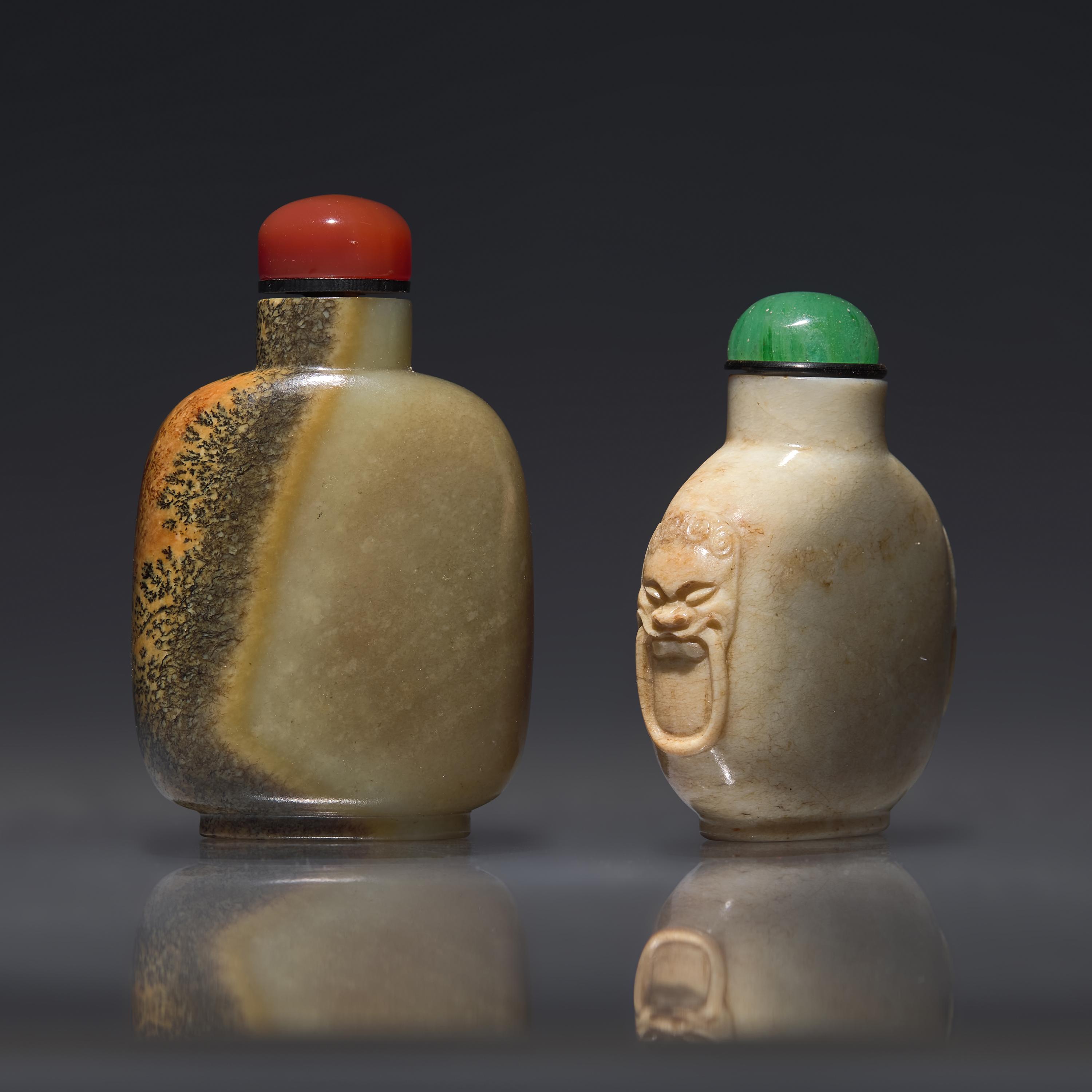 Two Chinese Jade Snuff Bottles, Qing Dynasty, Circa 1750-1850 — 1750-1850年 玉鼻煙壺兩支