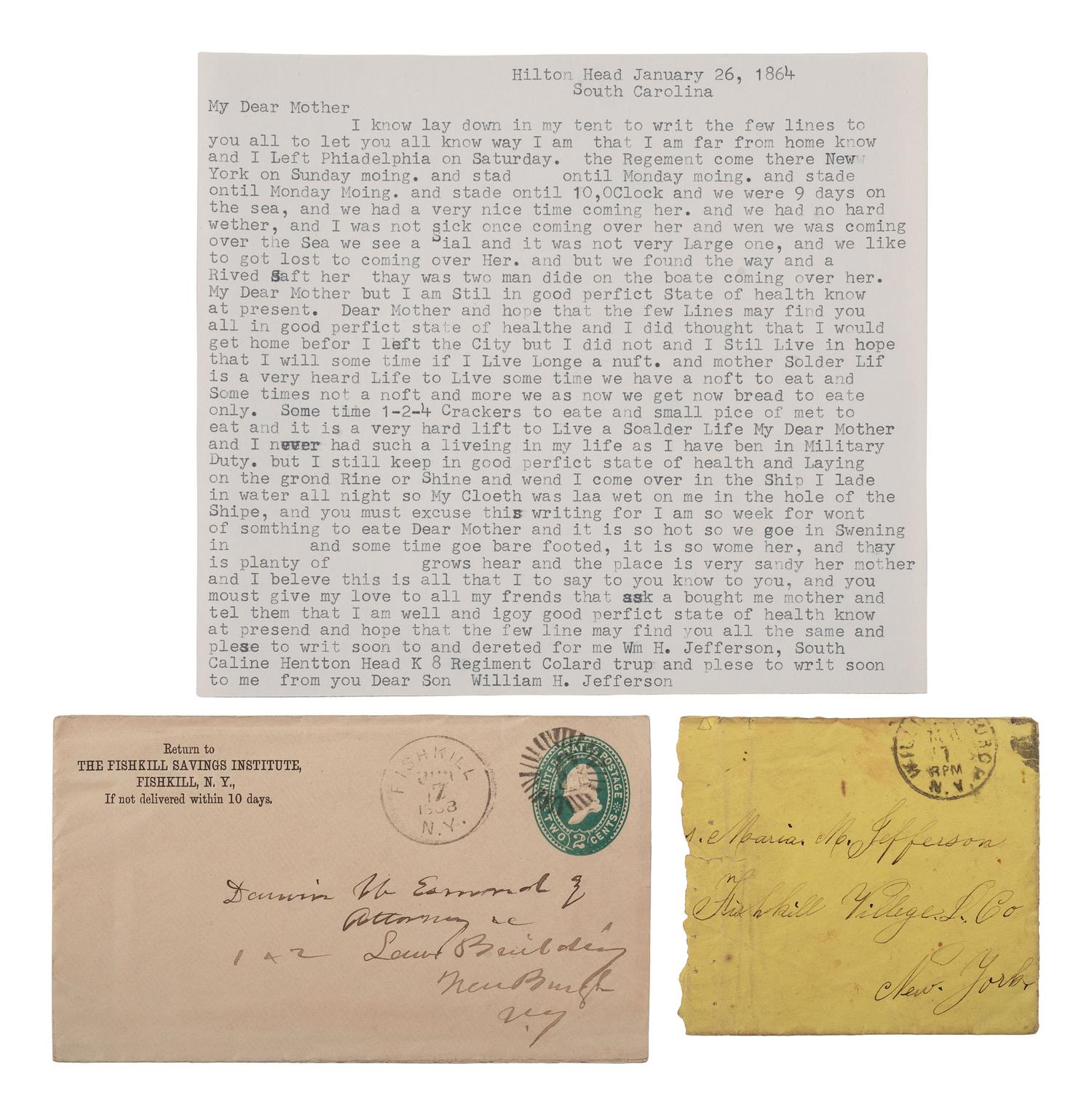 [CIVIL WAR]. Correspondence with African American soldier William Jefferson, 8th US Colored Troops, incl. a letter from his mother, and a circular issued to the 20th and 26th Regiments USCTs.