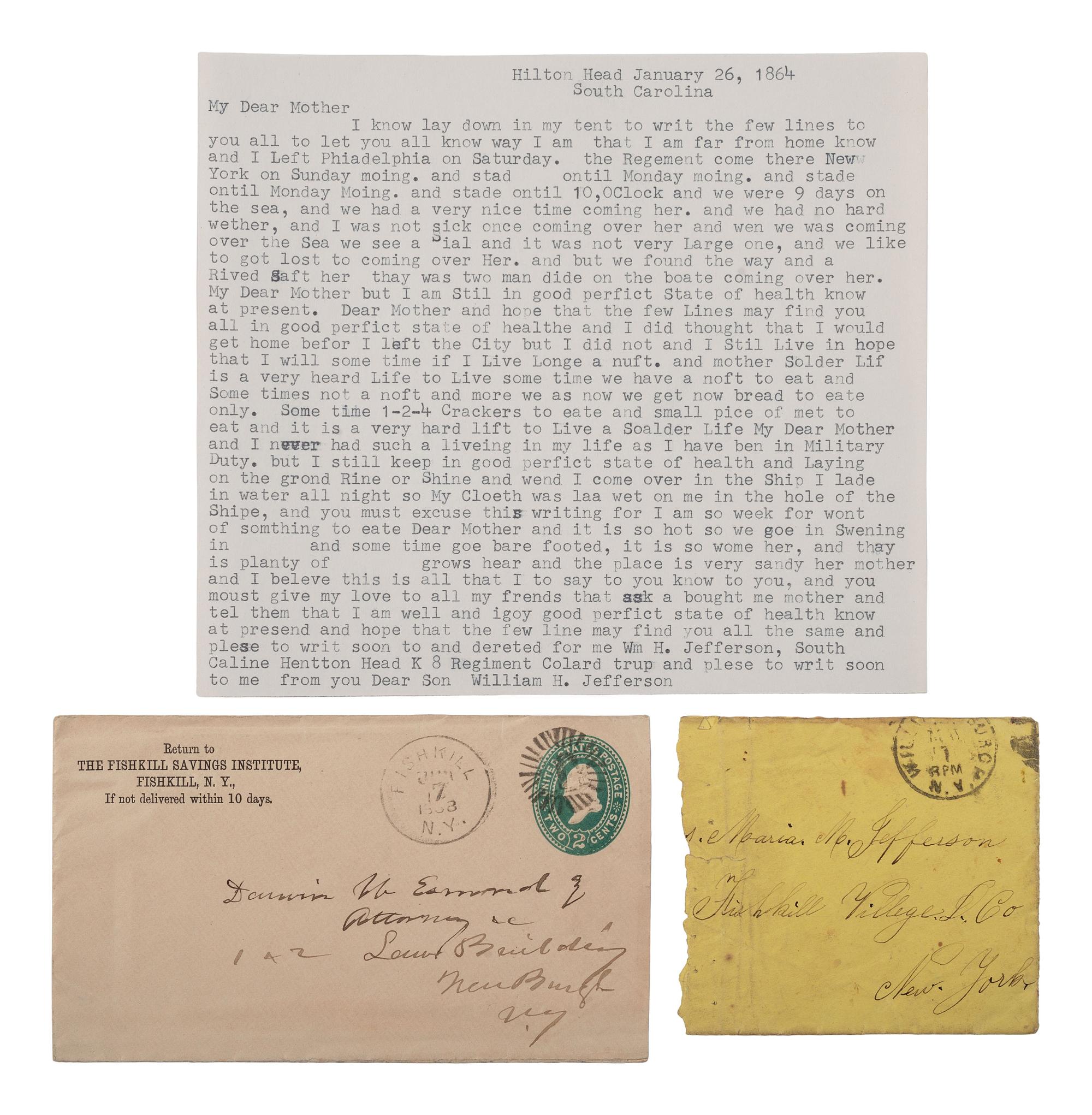 [CIVIL WAR]. Correspondence with African American soldier William Jefferson, 8th US Colored Troops, incl. a letter from his mother, and a circular issued to the 20th and 26th Regiments USCTs.