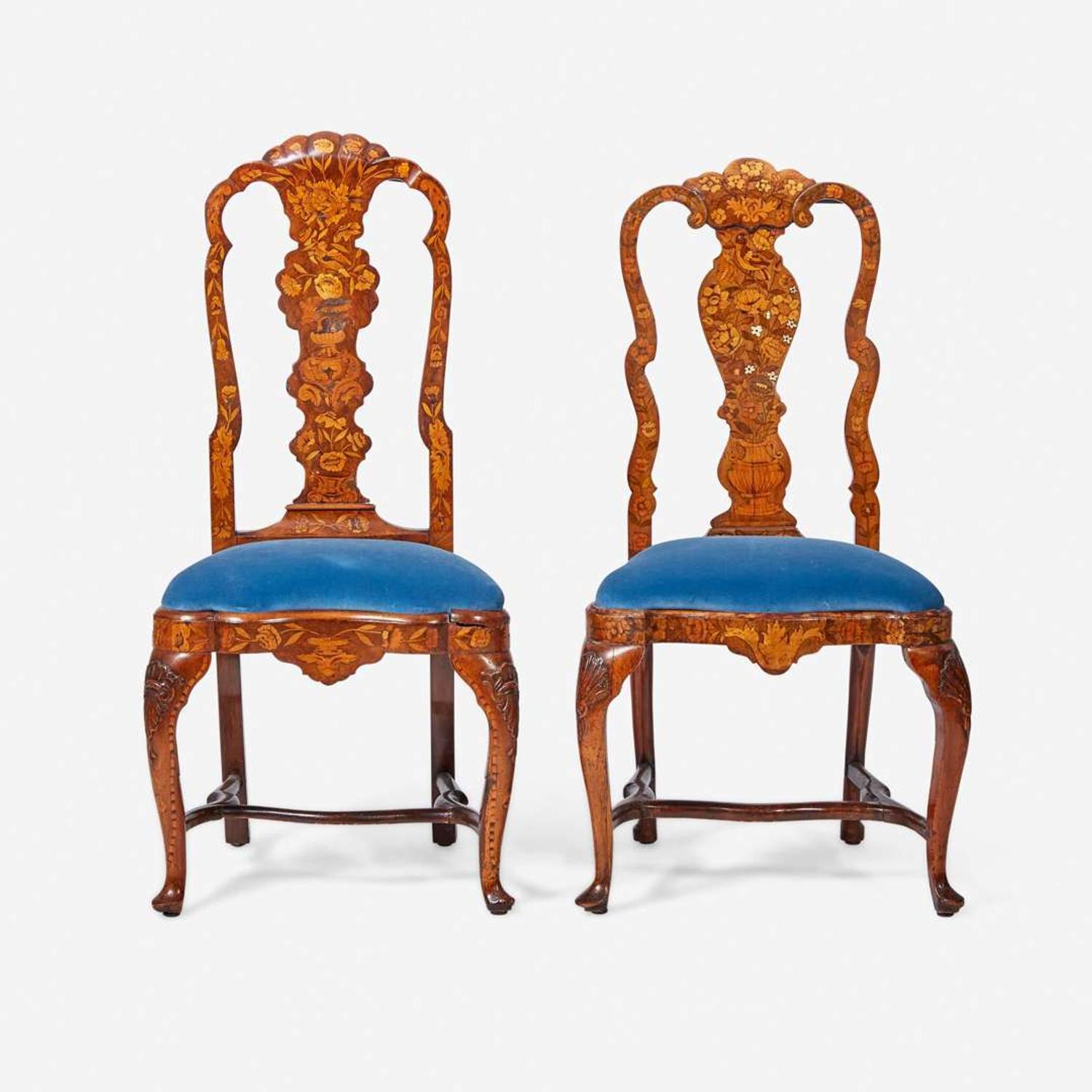 An assembled pair of Dutch Rococo inlaid walnut and marquetry side chairs circa 1750