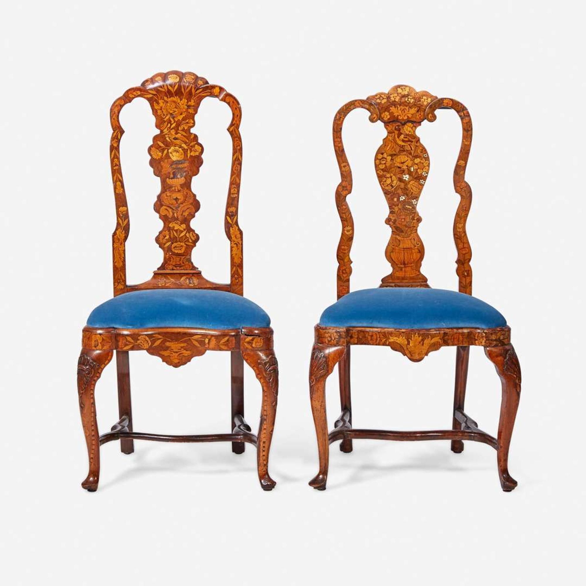 An assembled pair of Dutch Rococo inlaid walnut and marquetry side chairs circa 1750