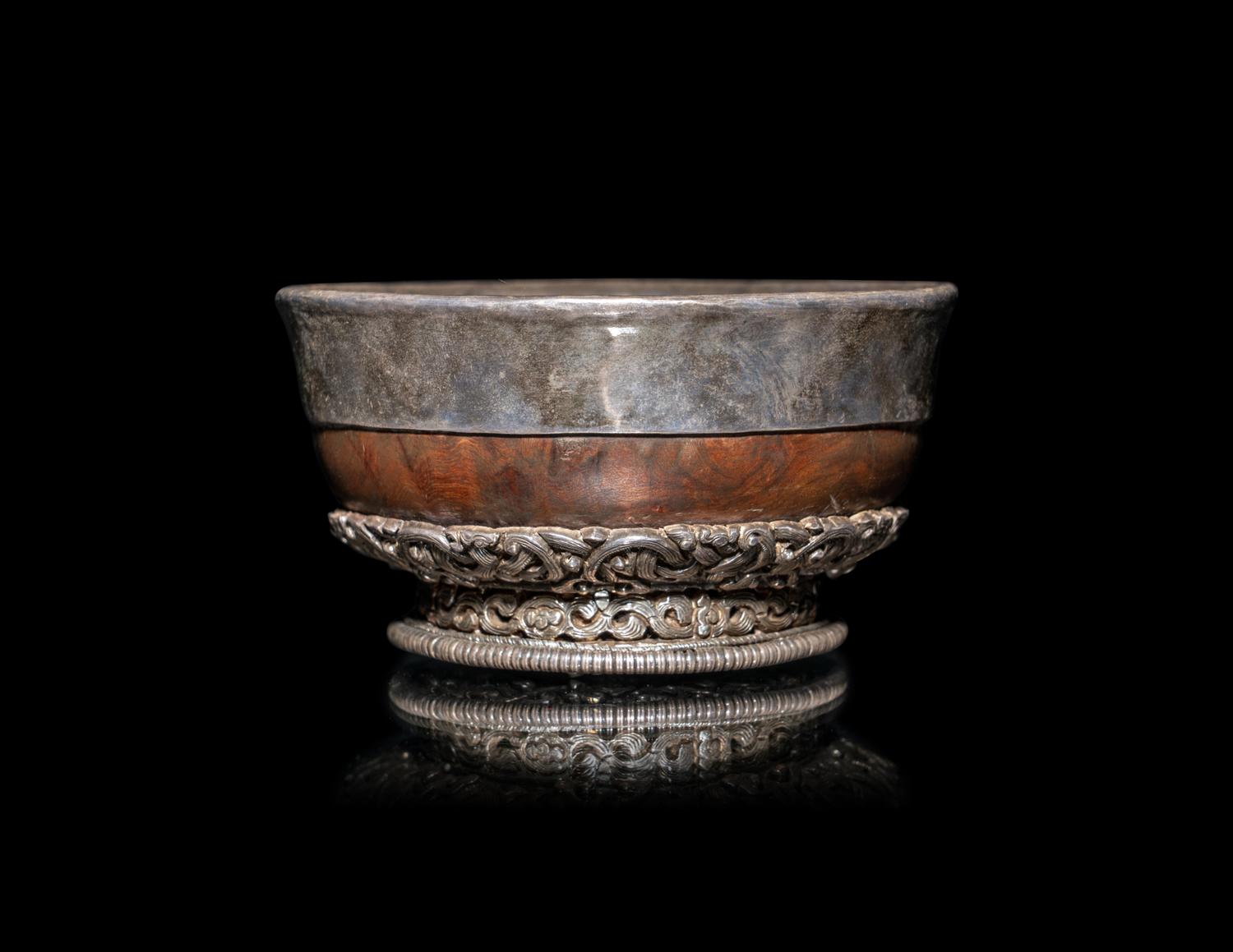 A Tibetan Silver Mounted Burlwood Bowl