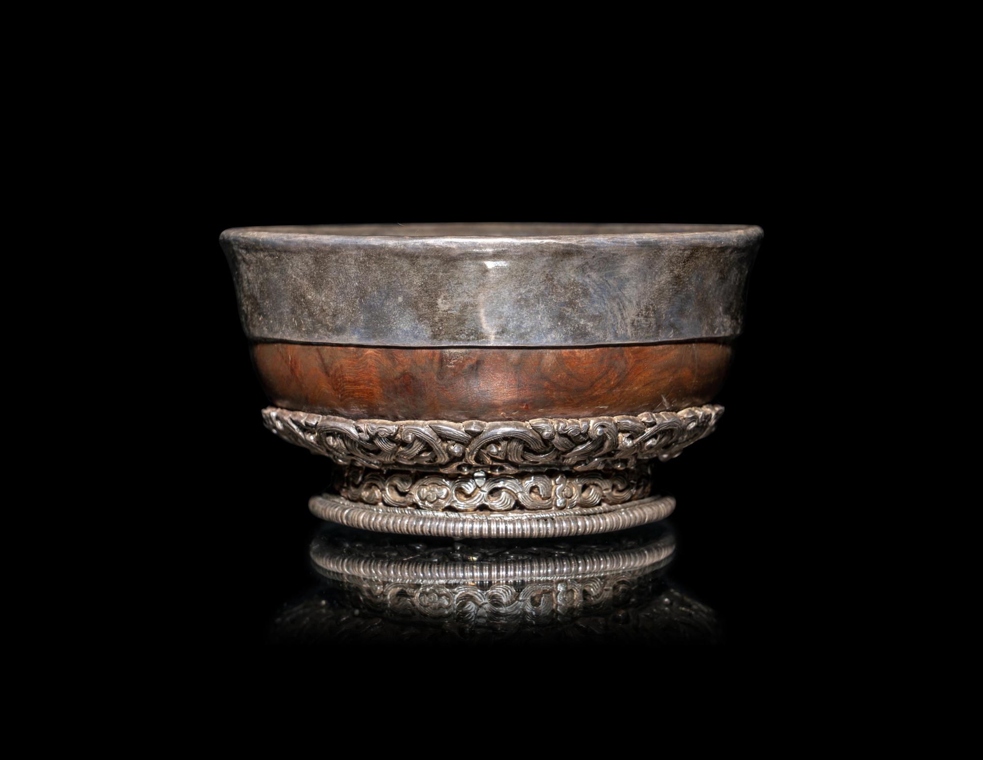 A Tibetan Silver Mounted Burlwood Bowl