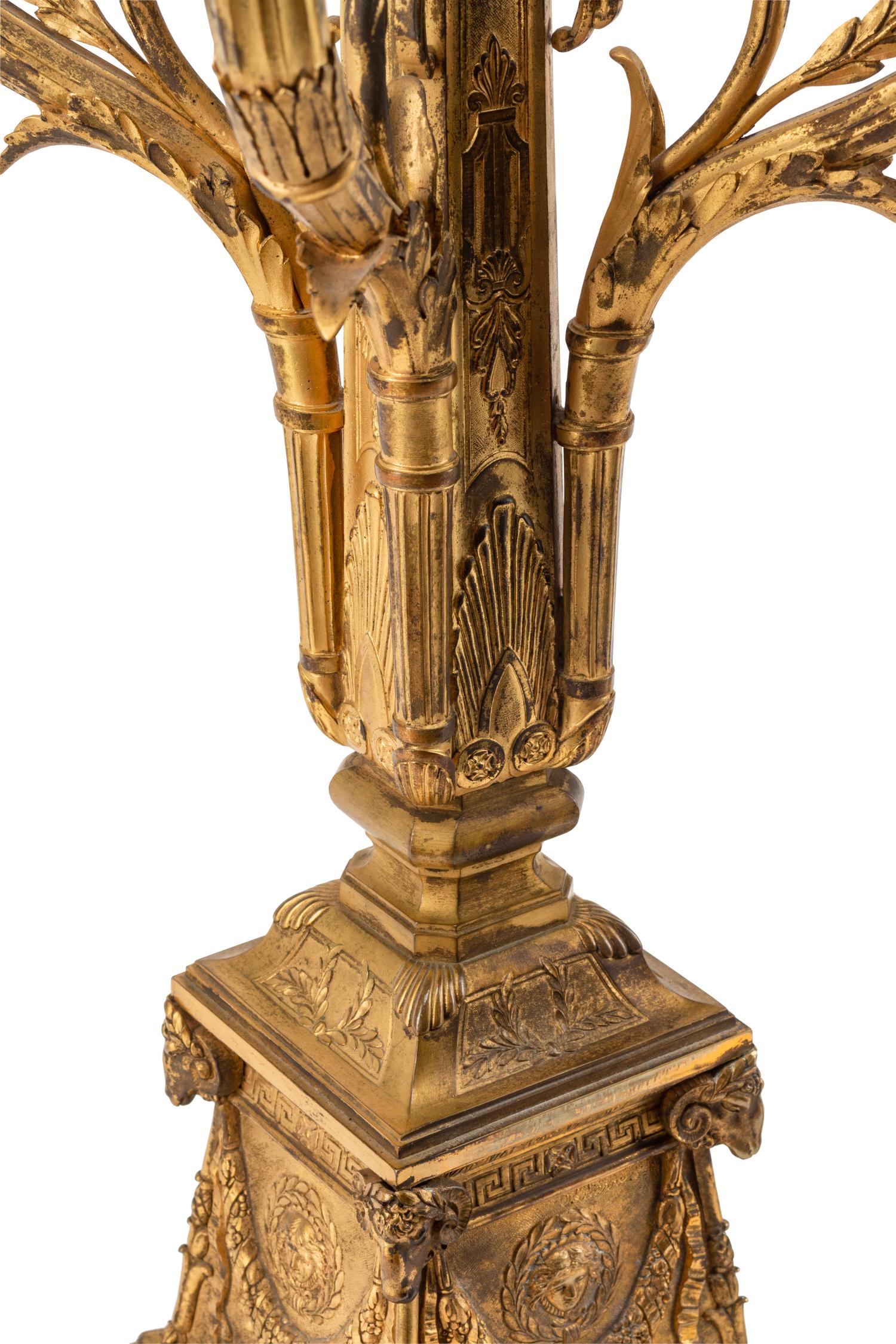 A Pair of Empire Style Gilt Bronze Five-Light Candelabra