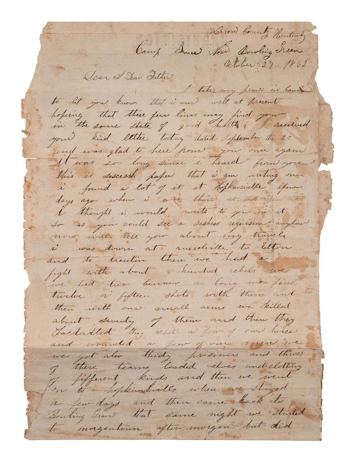 [CIVIL WAR]. Soldier's letter describing encounters with Morgan's Raiders. Warren Co., KY, 1862.