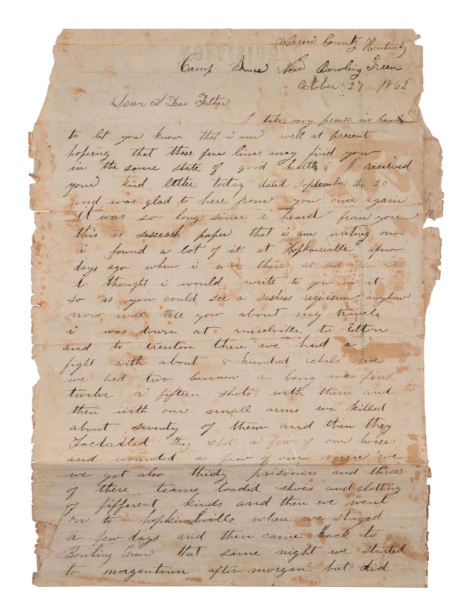 [CIVIL WAR]. Soldier's letter describing encounters with Morgan's Raiders. Warren Co., KY, 1862.