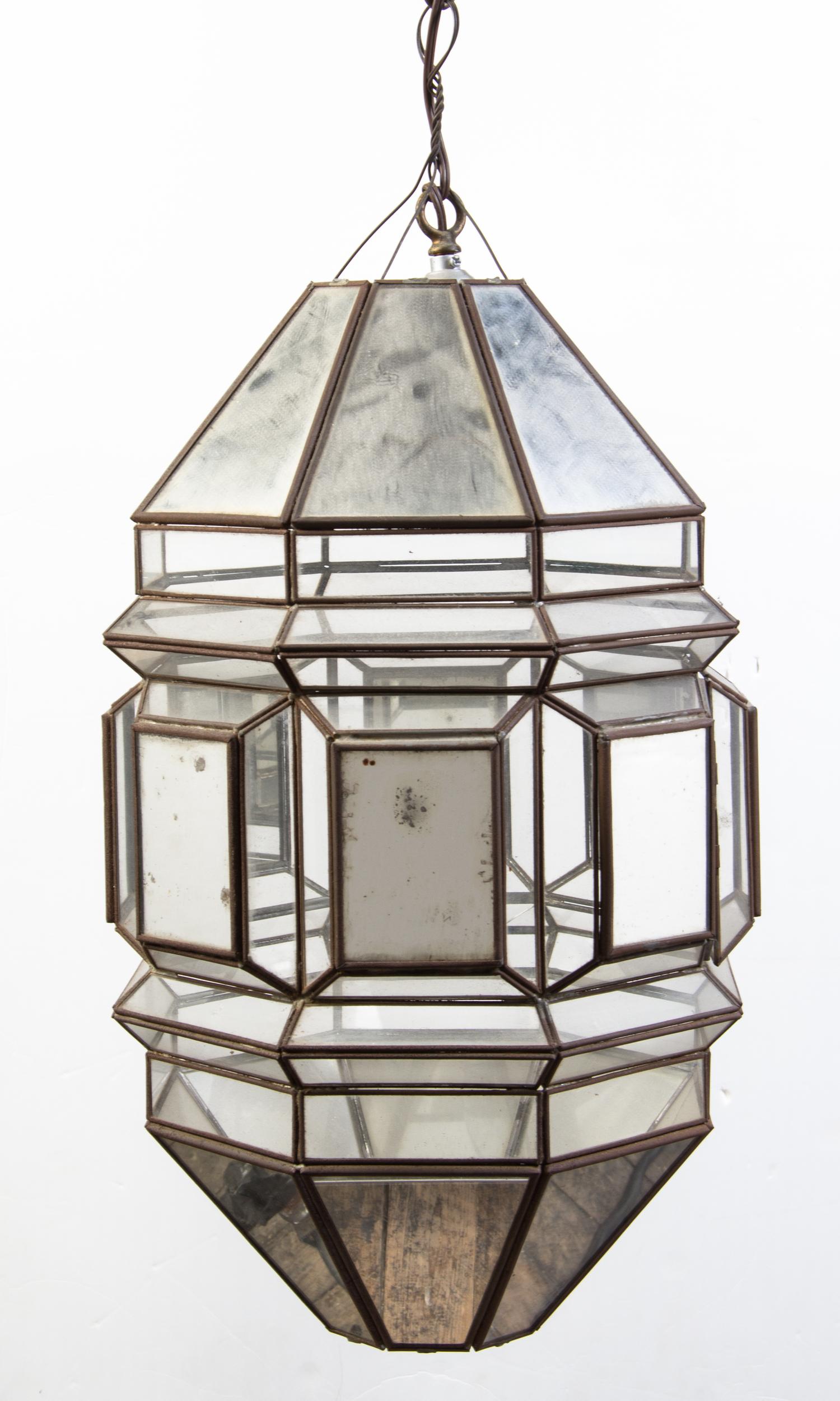 A Faceted Glass and Mirrored Pendant Lamp Height 19 1/2 inches. — 20TH CENTURY