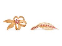 A Collection of 14 Karat Yellow Gold and Ruby Brooches,
