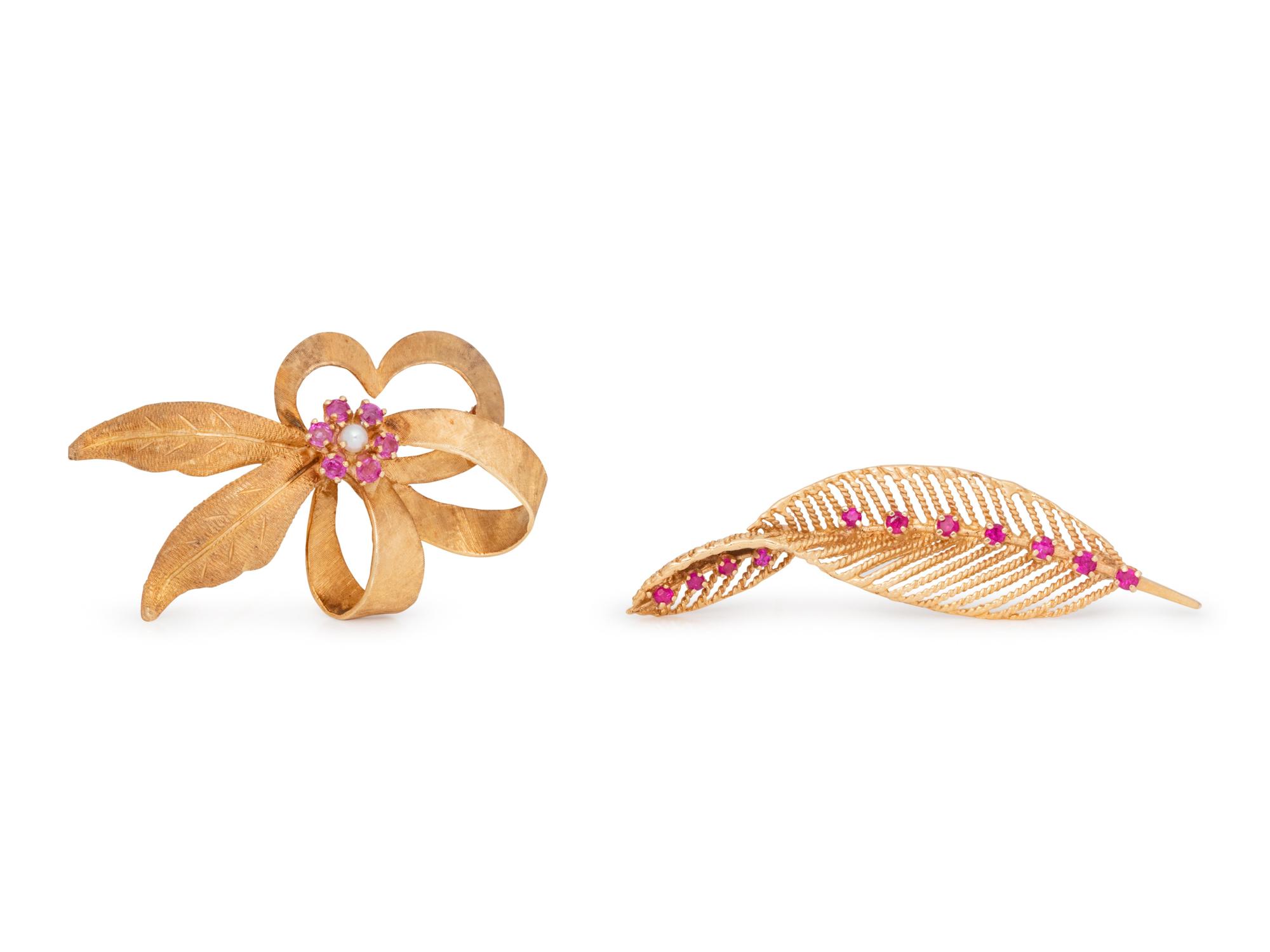 A Collection of 14 Karat Yellow Gold and Ruby Brooches,