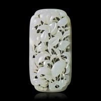 A Chinese Pale Celadon Jade 'Cranes and Peaches' Reticulated Plaque, 19th Century or Earlier 清晚期 青白玉鏤雕蓮塘鷺影牌