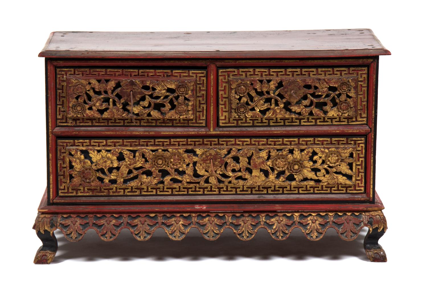 A Chinese Parcel Gilt Red Lacquer Carved Chest on Stand Height 22 x width 36 x depth 16 inches. — 20TH CENTURY