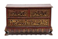 A Chinese Parcel Gilt Red Lacquer Carved Chest on Stand Height 22 x width 36 x depth 16 inches. — 20TH CENTURY