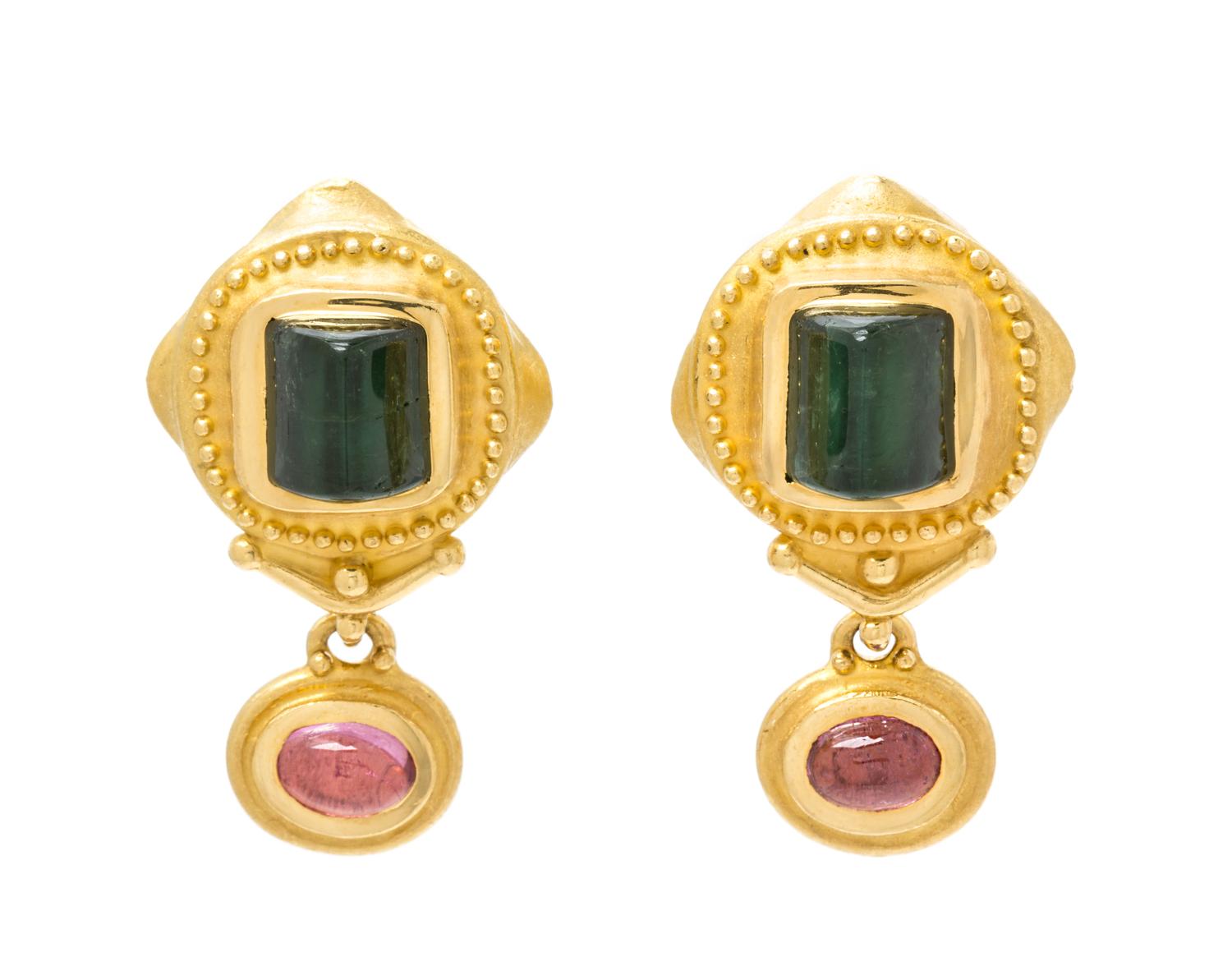 A Pair of 22 Karat Yellow Gold and Tourmaline Earclips, Denise Roberge, 16.90 dwts.