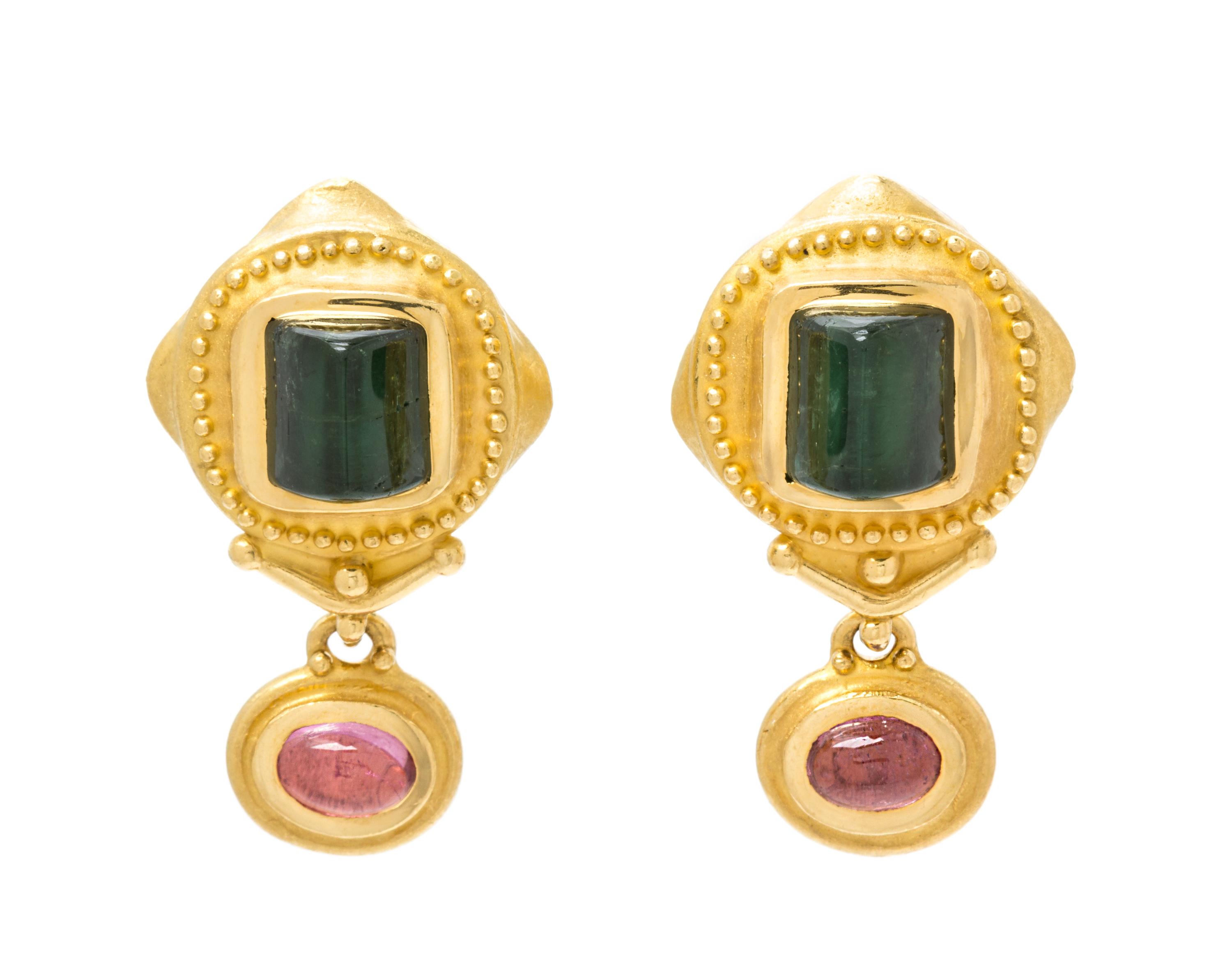 A Pair of 22 Karat Yellow Gold and Tourmaline Earclips, Denise Roberge, 16.90 dwts.