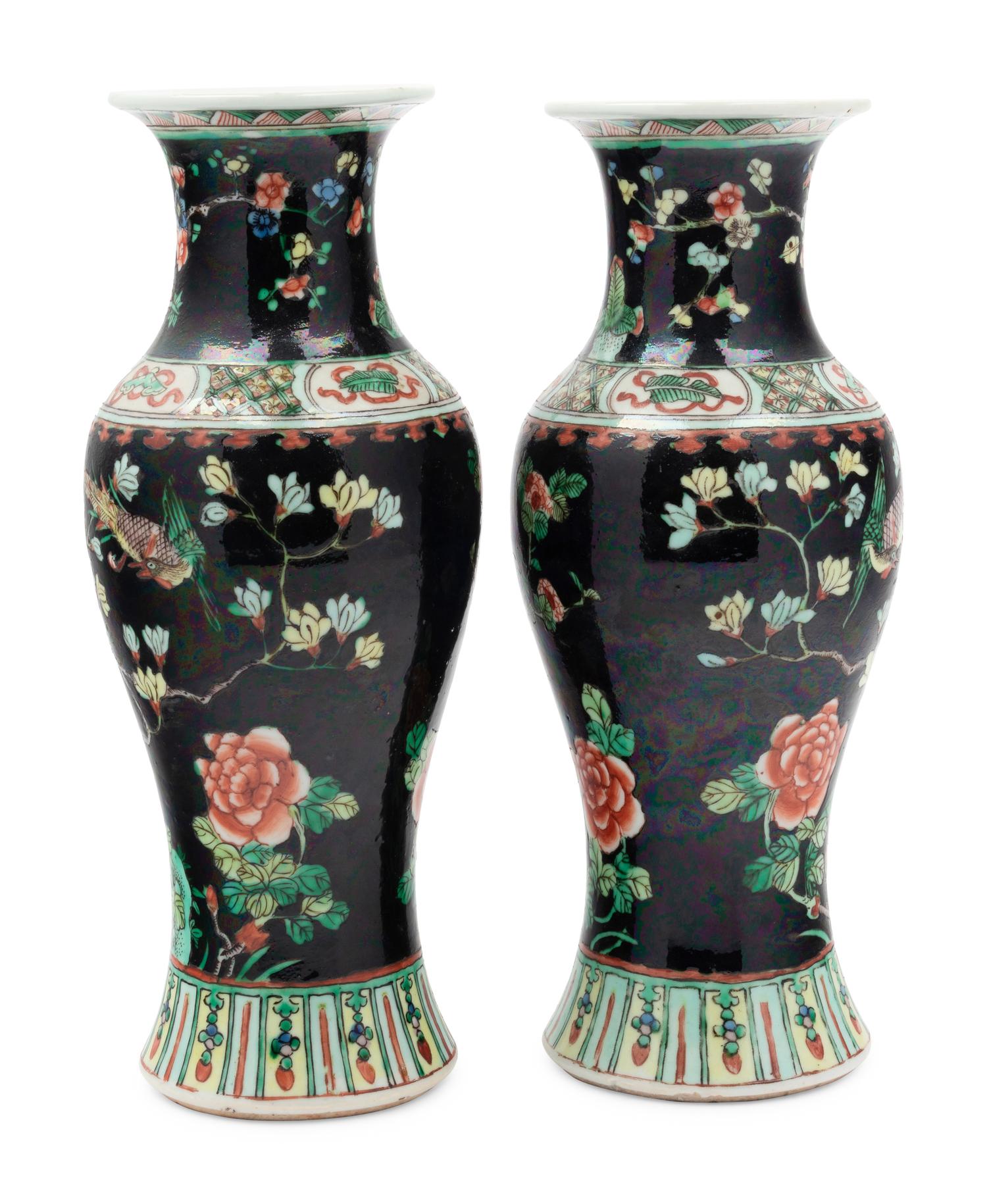 A Pair of Chinese Famille Noire Porcelain Yenyen Vases