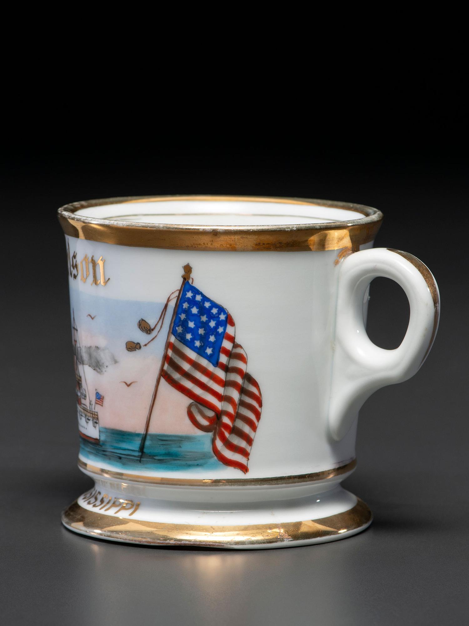 A Patriotic Porcelain Shaving Mug Depicting the U.S.S. Mississippi