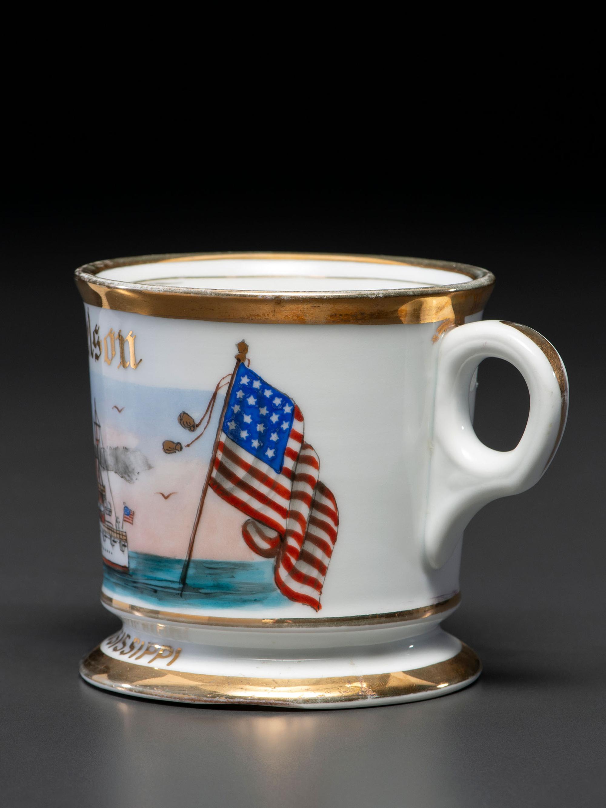 A Patriotic Porcelain Shaving Mug Depicting the U.S.S. Mississippi