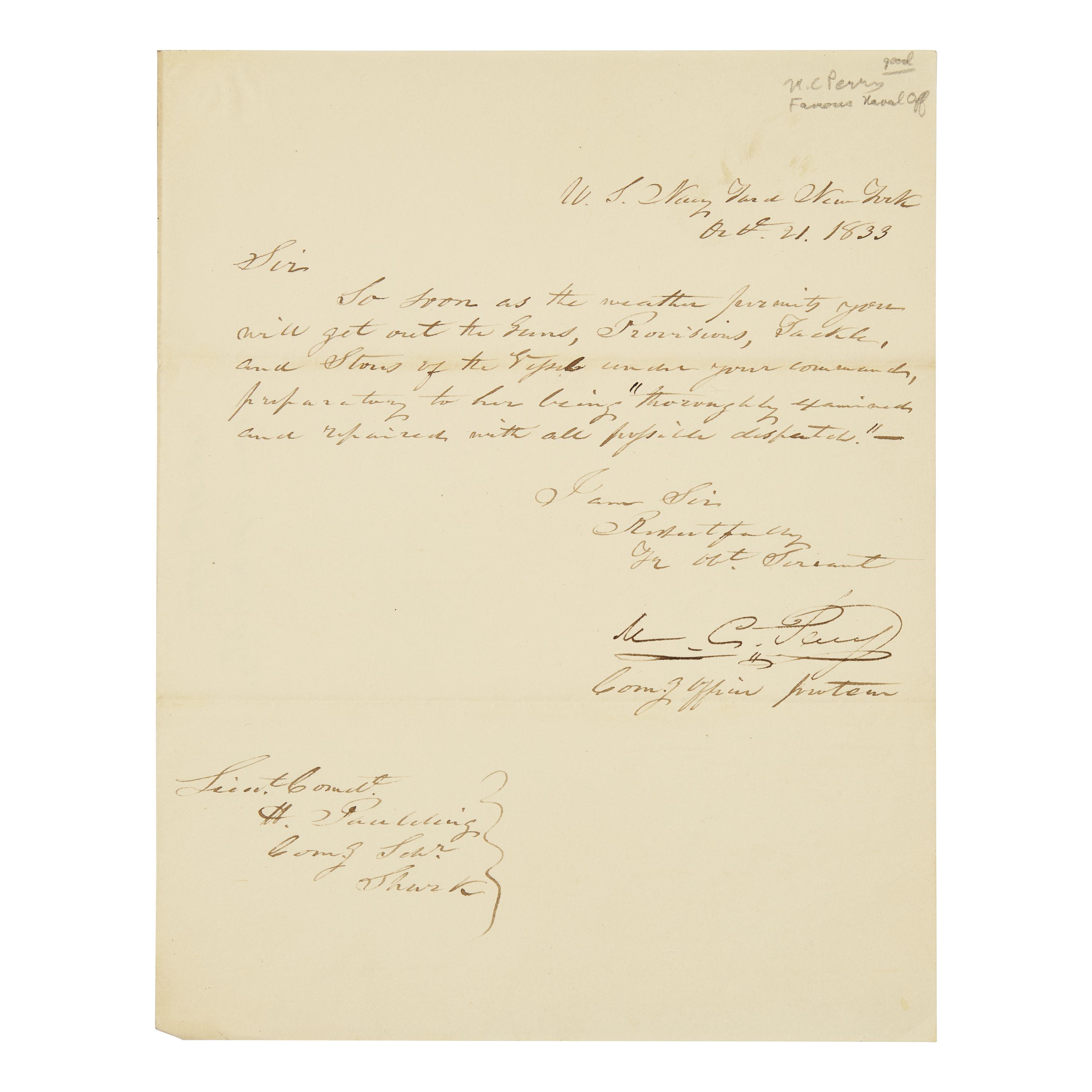 [Paulding, Hiram] Perry, Matthew C. Letter, signed