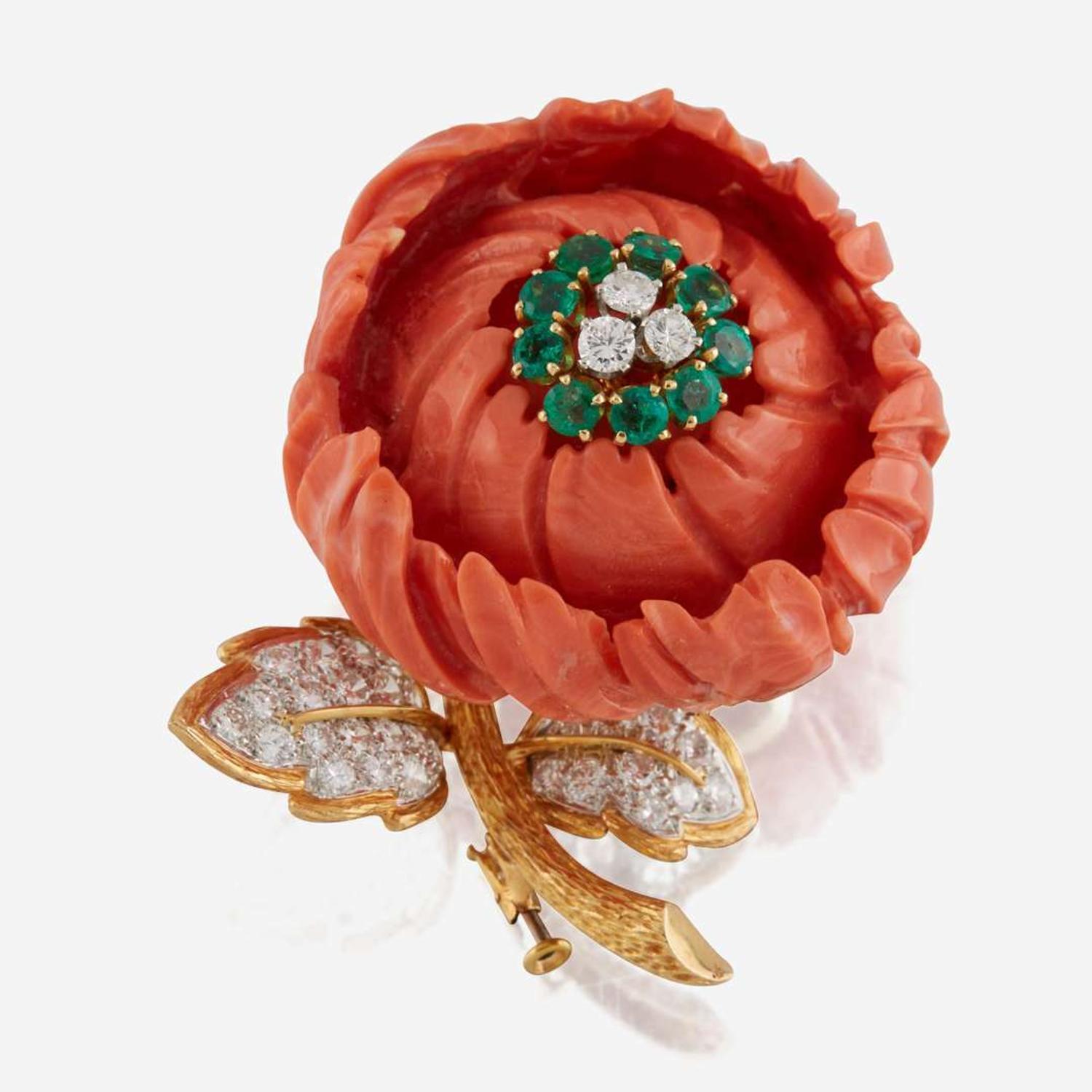 A coral, diamond, emerald, gold, and platinum brooch, David Webb