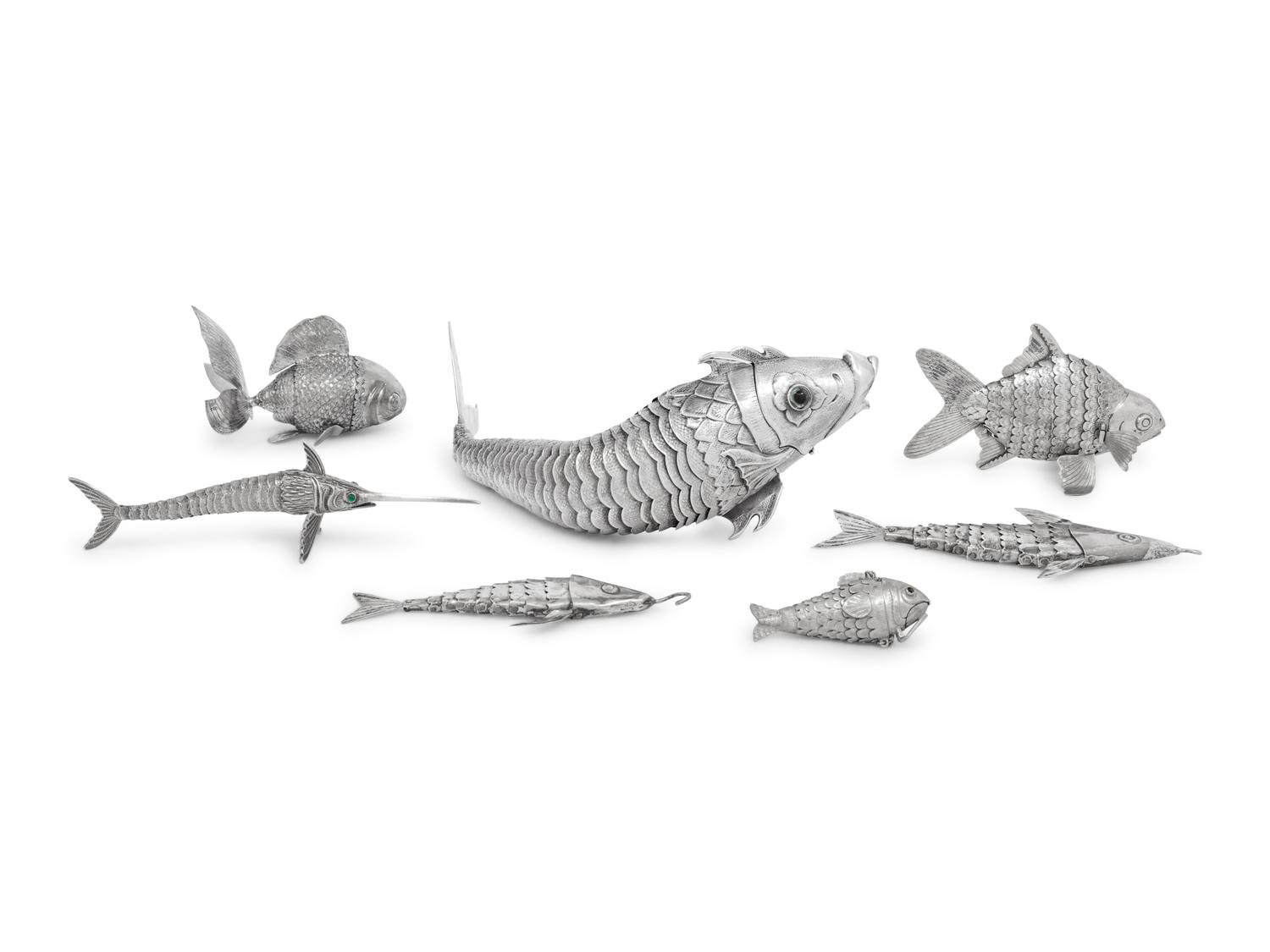 Seven Continental Silver Articulated Fish Table Ornaments