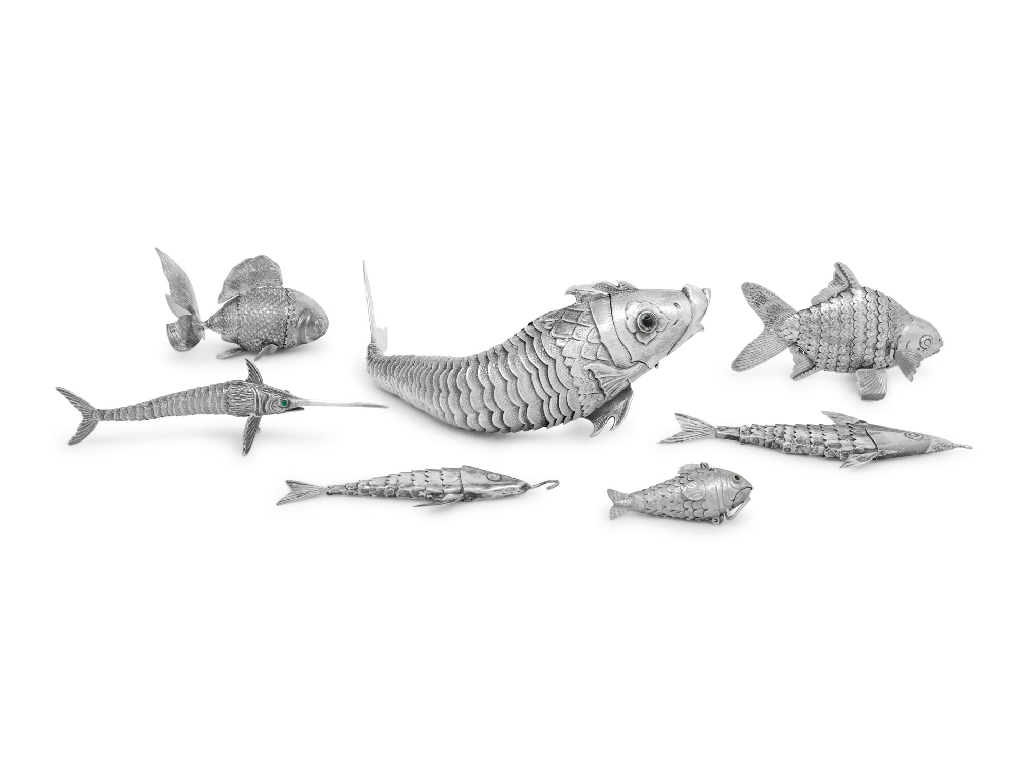 Seven Continental Silver Articulated Fish Table Ornaments