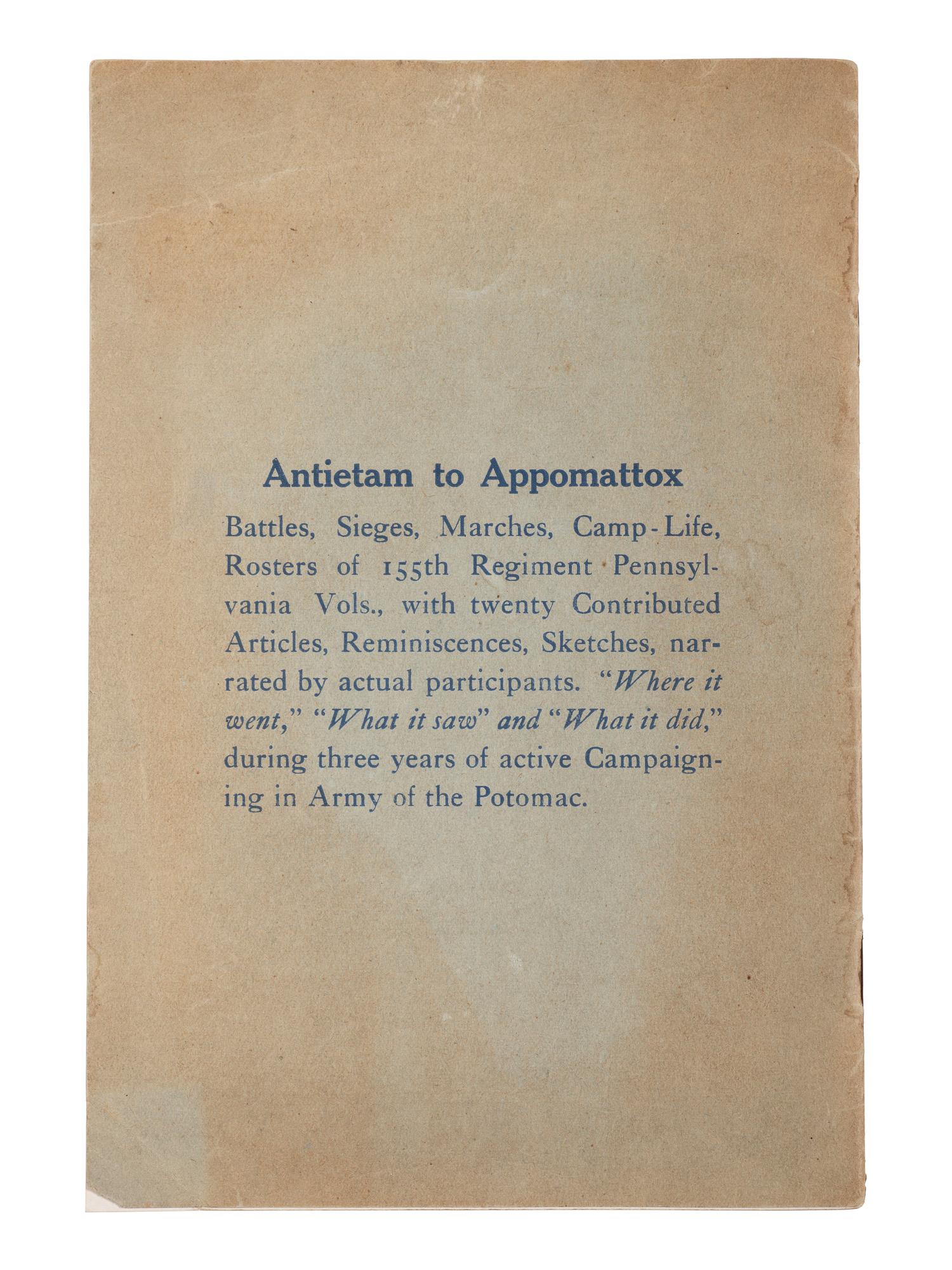 Under the Maltese Cross: Antietam to Appomattox, the Loyal Uprising in Western Pennsylvania, 1861-1865. Pittsburgh, PA: The 155th Regimental Association, 1910.