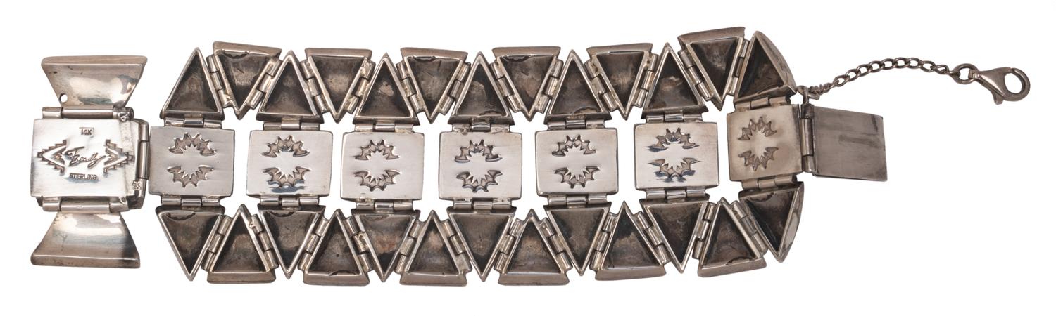 Sterling Silver Link Bracelet, with 14k Gold Accents and Mosaic Turquoise Inlay Lot is located and will ship from Denver, Colorado.