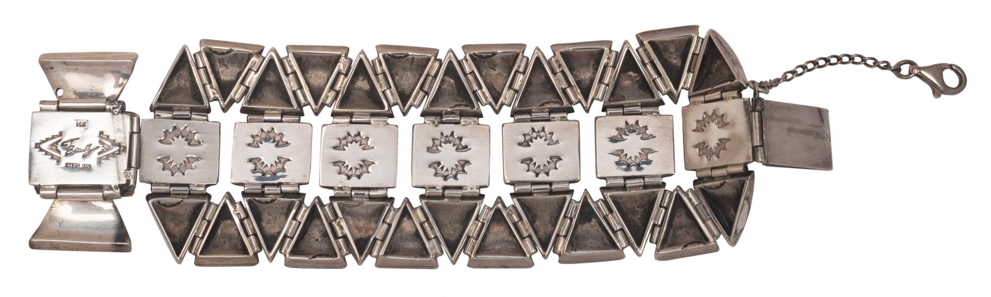 Sterling Silver Link Bracelet, with 14k Gold Accents and Mosaic Turquoise Inlay Lot is located and will ship from Denver, Colorado.