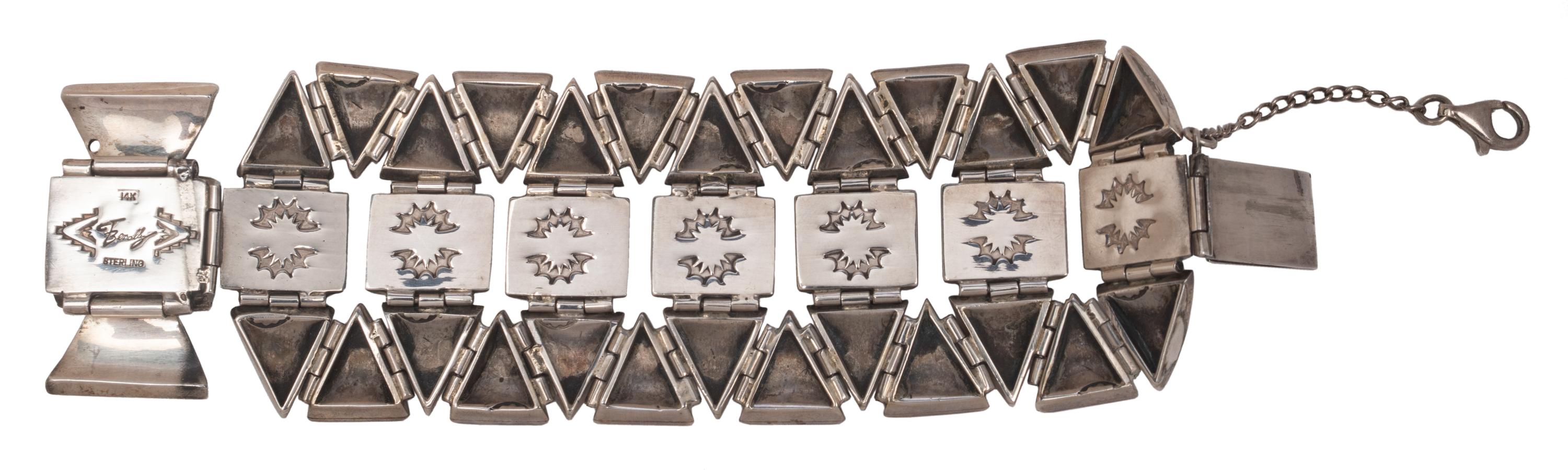 Sterling Silver Link Bracelet, with 14k Gold Accents and Mosaic Turquoise Inlay Lot is located and will ship from Denver, Colorado.