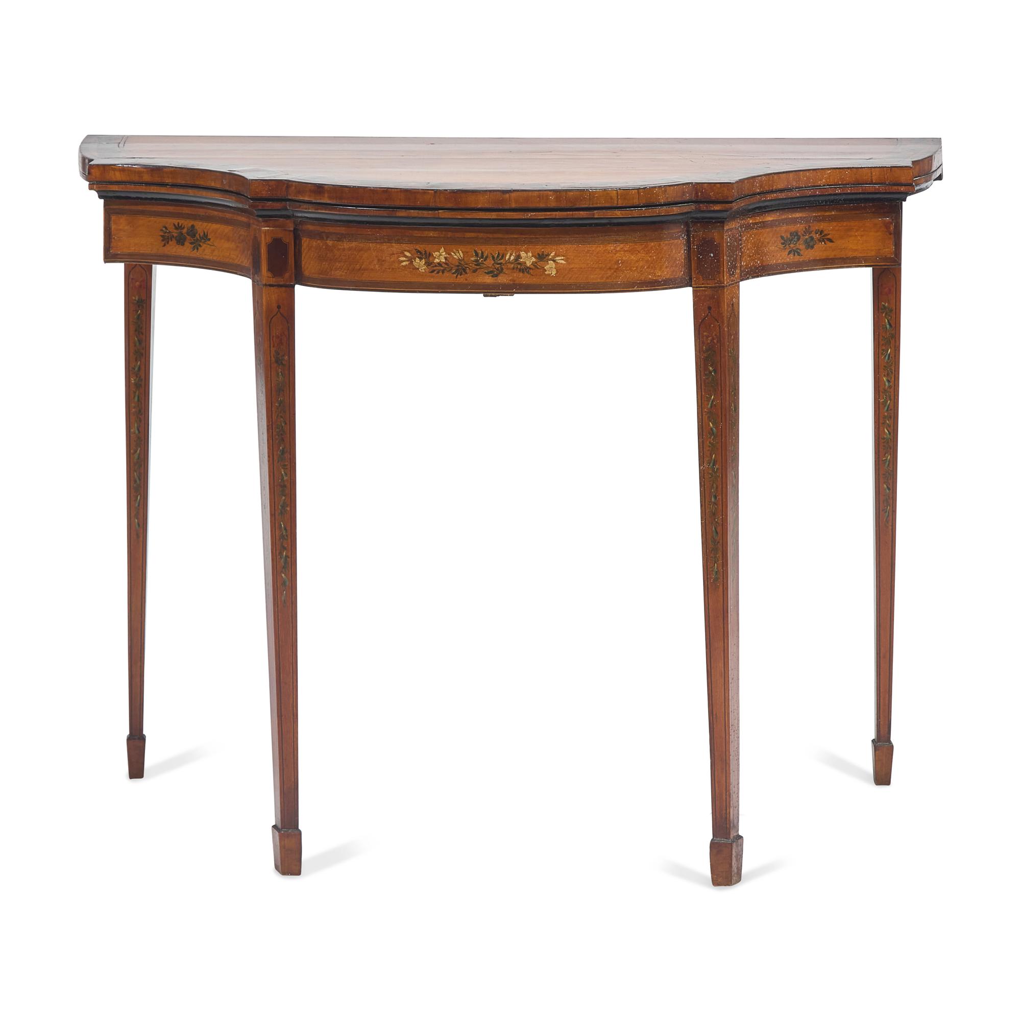 A George III Inlaid and Paint-Decorated Satinwood and Mahogany Games Table